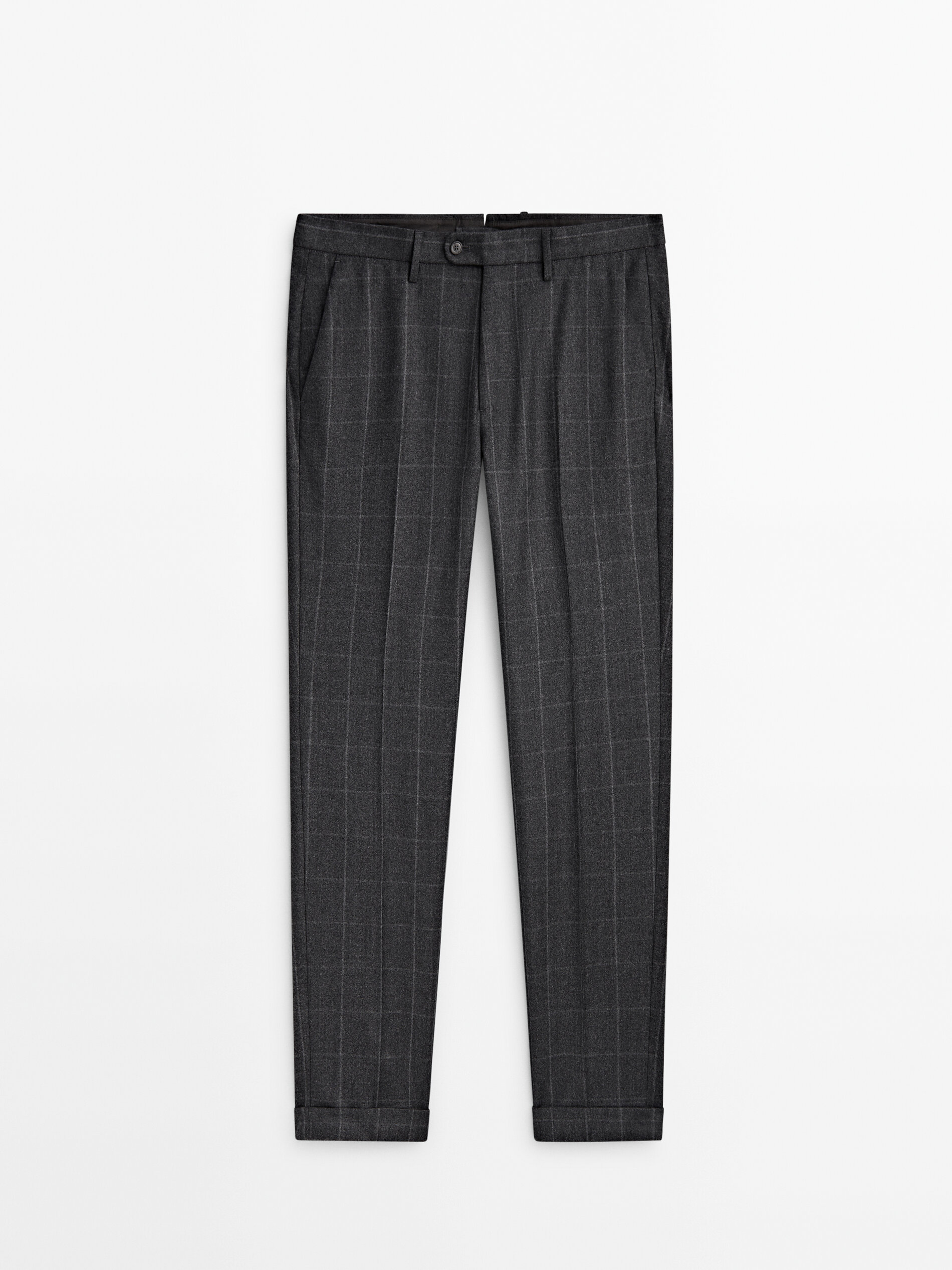 Windowpane check 110's wool flannel suit trousers · Grey Marl