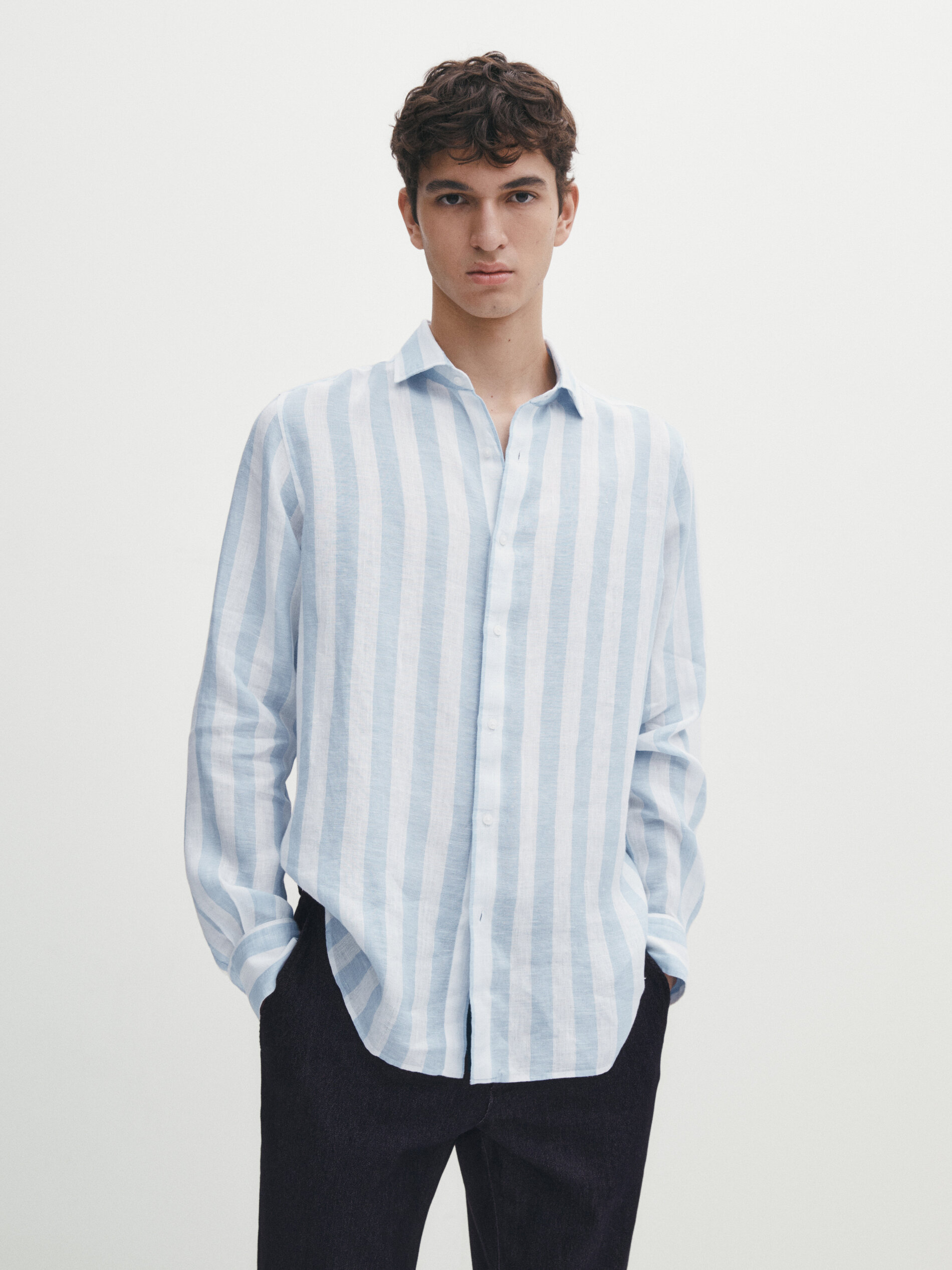 Camisa rayas anchas 100 lino slim fit Celeste Camisas