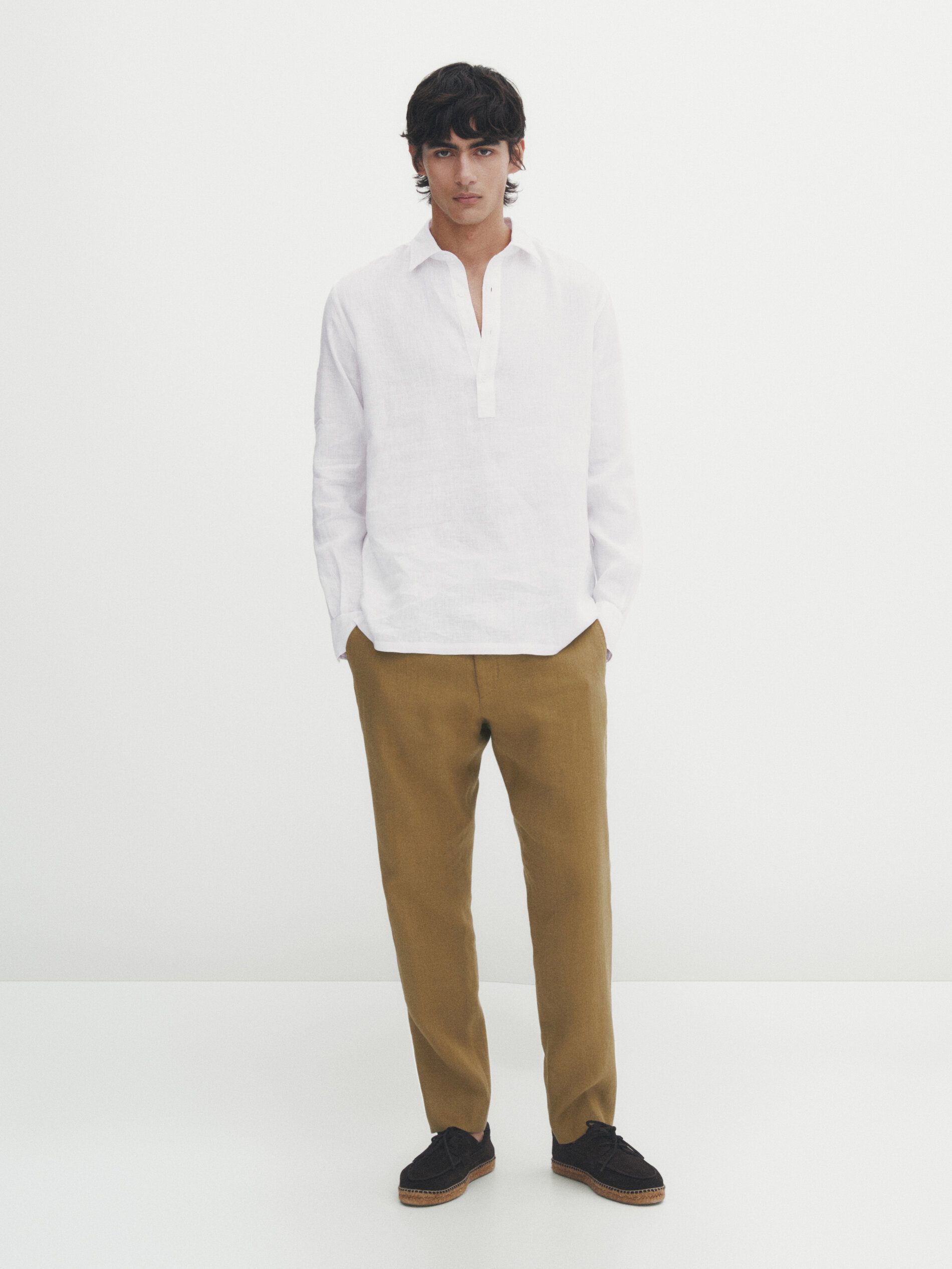 100 linen polo collar shirt White Sky Blue Dark Green Orange