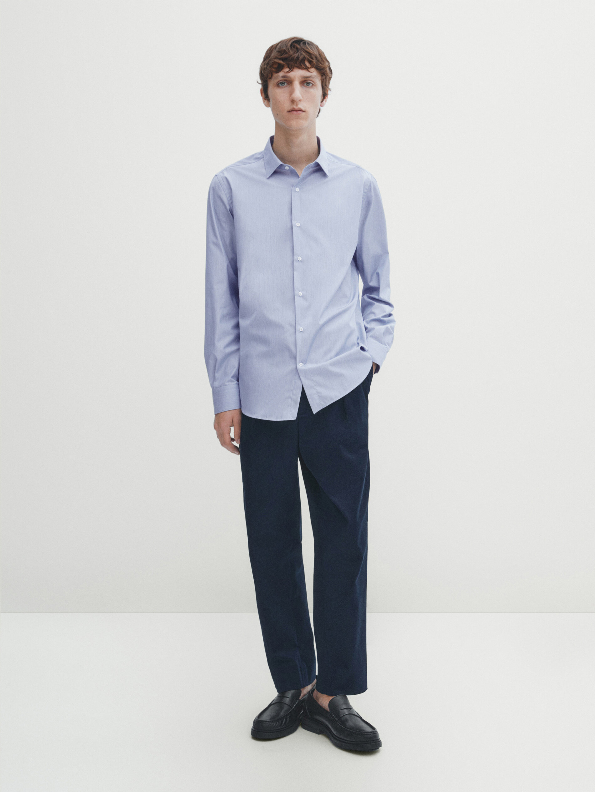 Slim fit pinstriped cotton shirt Navy Blue Shirts Massimo Dutti