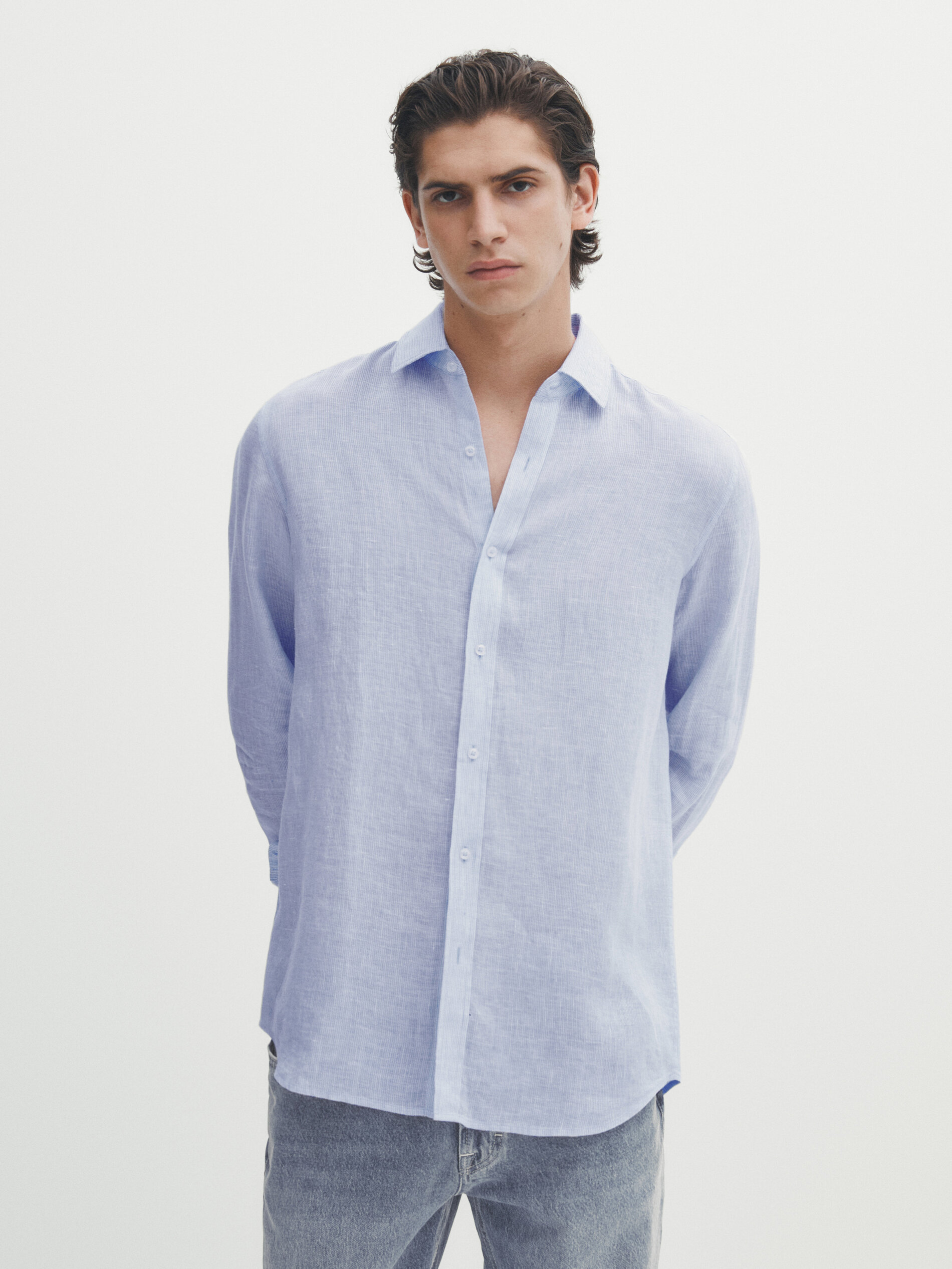Slim fit pinstriped linen shirt Sky Blue Shirts Massimo Dutti
