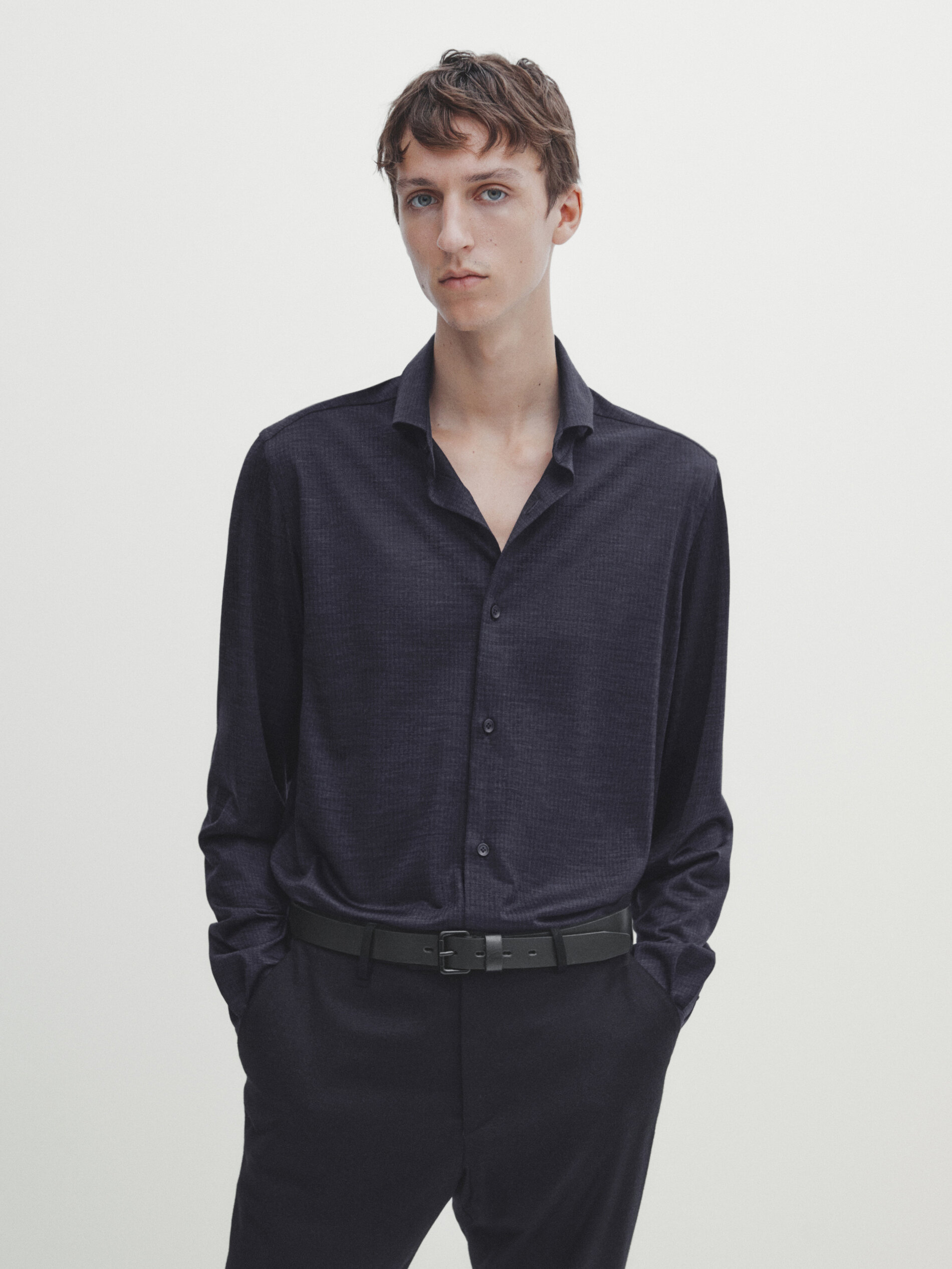 Camisa rayas lana merino slim fit Azul Marino Camiser a