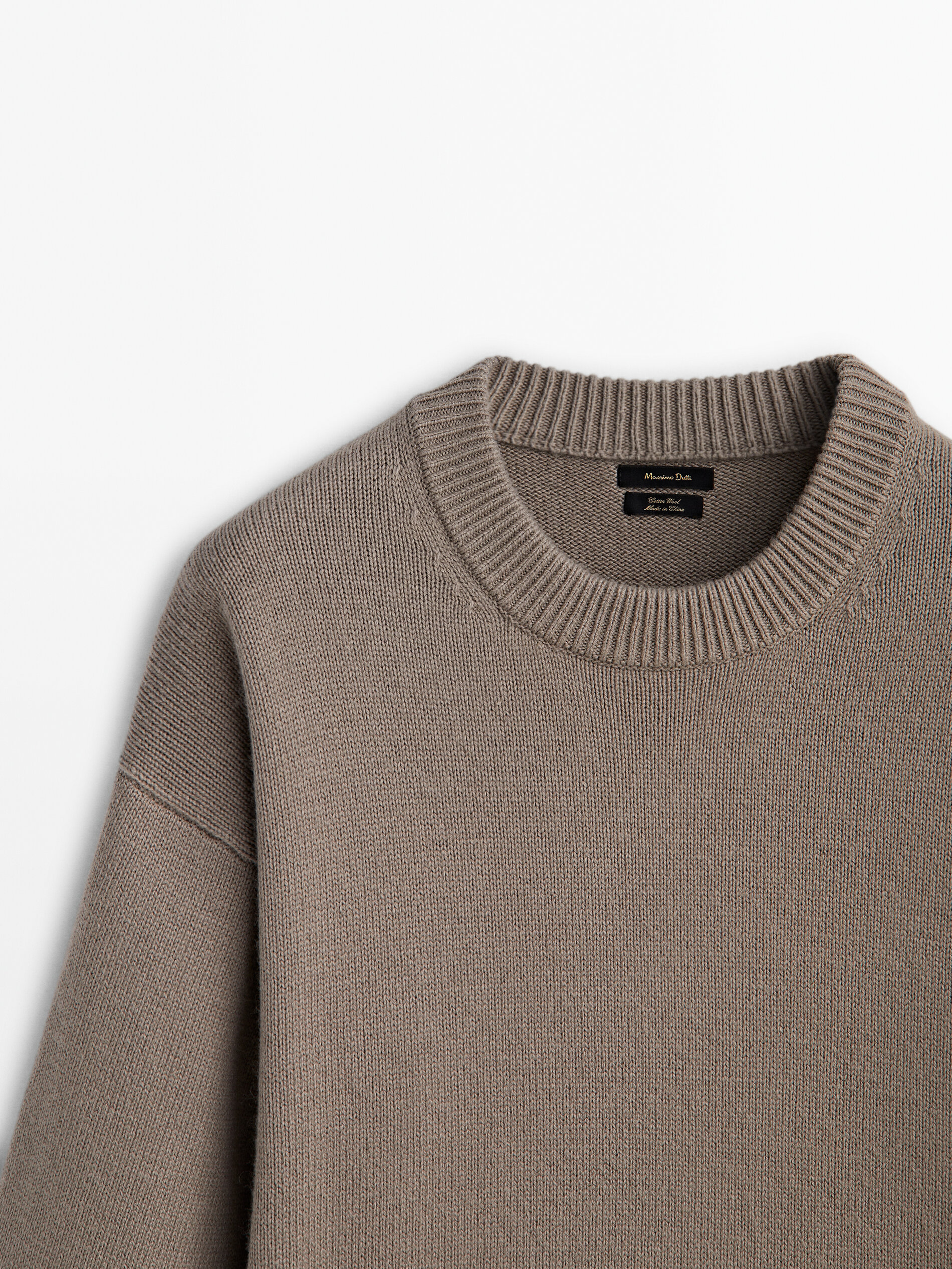 Knit crew neck boxy-fit sweater · Pale Khaki, Blue, Ecru