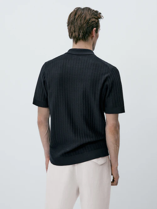 Massimo Dutti - - Vertical Textured Knit Polo Sweater - Faded Khaki - XXL