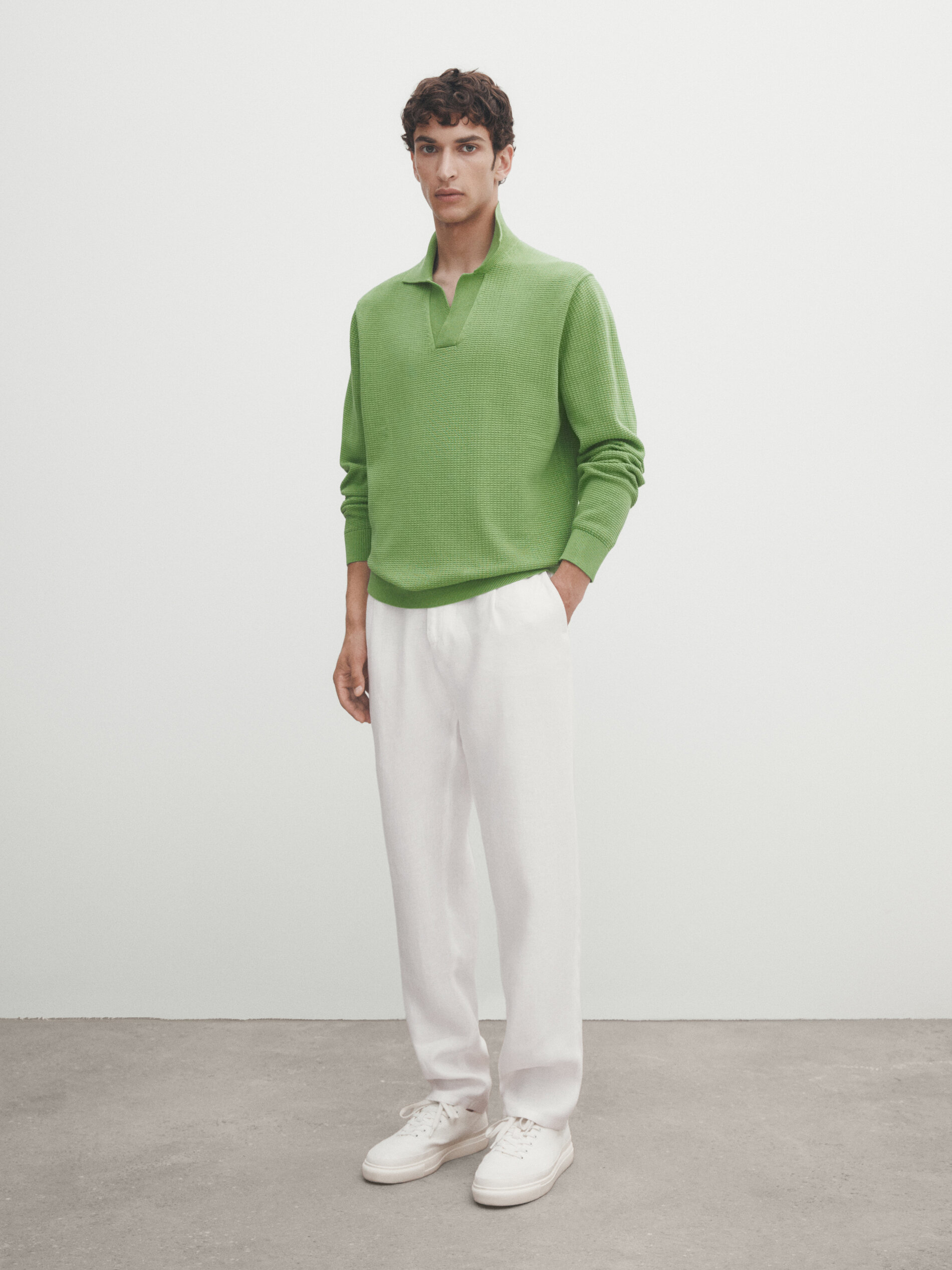 Textured knit polo collar sweater