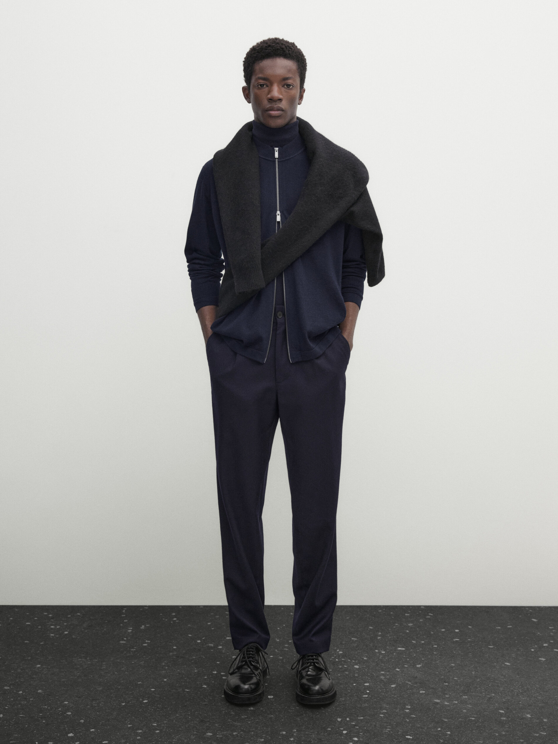 100 merino wool knit cardigan with zip Navy Blue Black