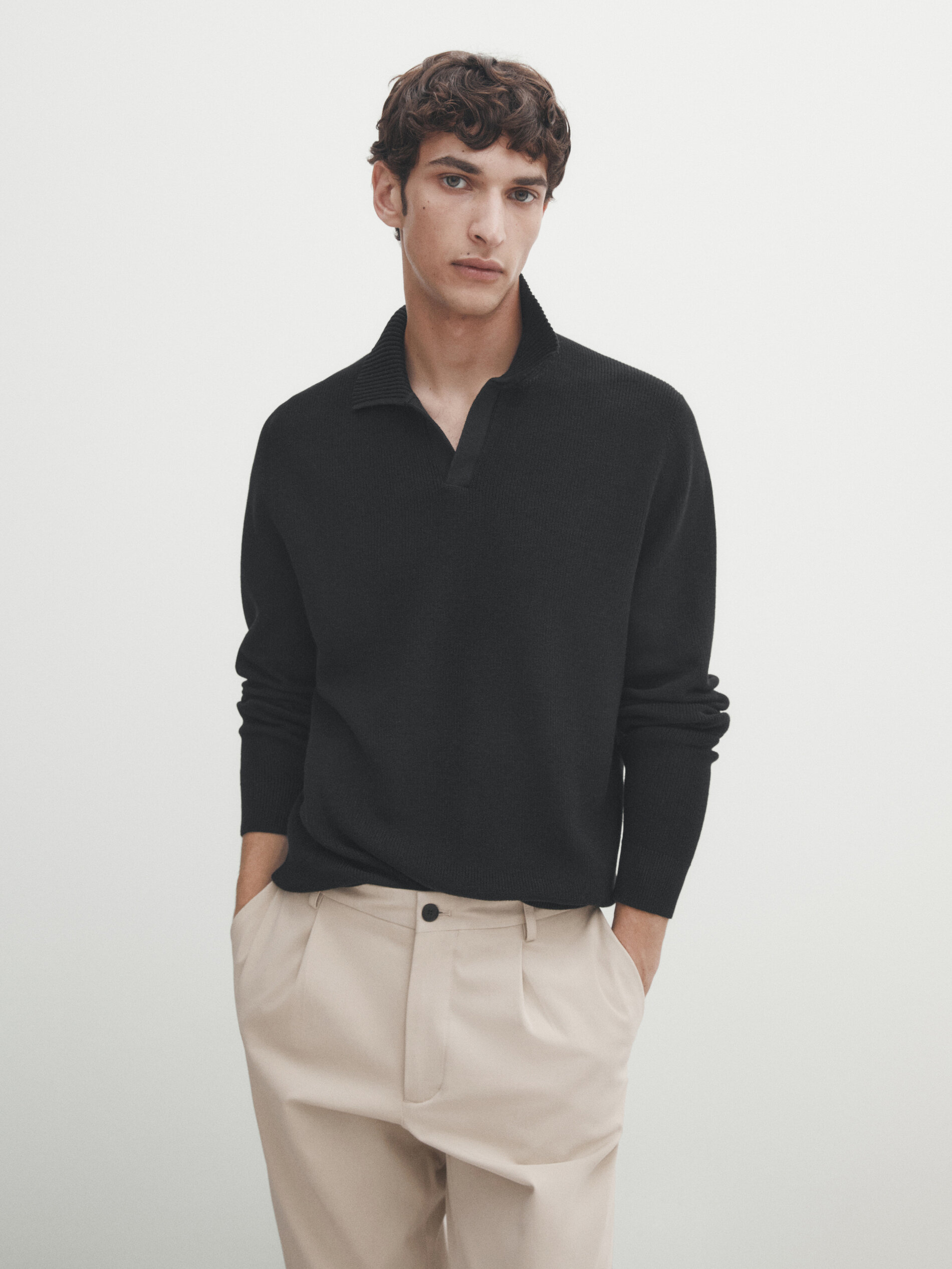 Ribbed polo collar textured knit sweater