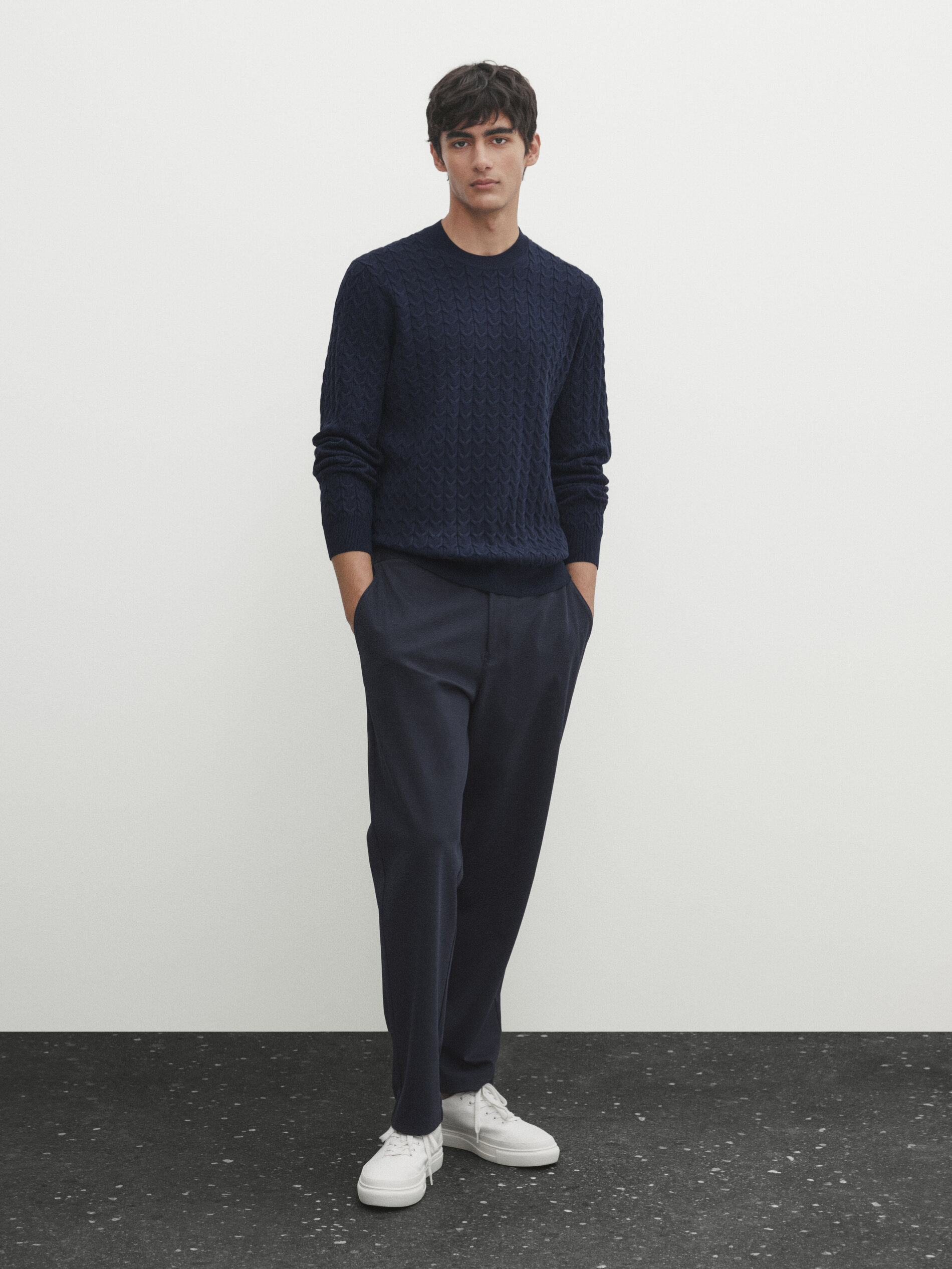 Cable knit sweater with a crew neck Faded Navy Marine Green