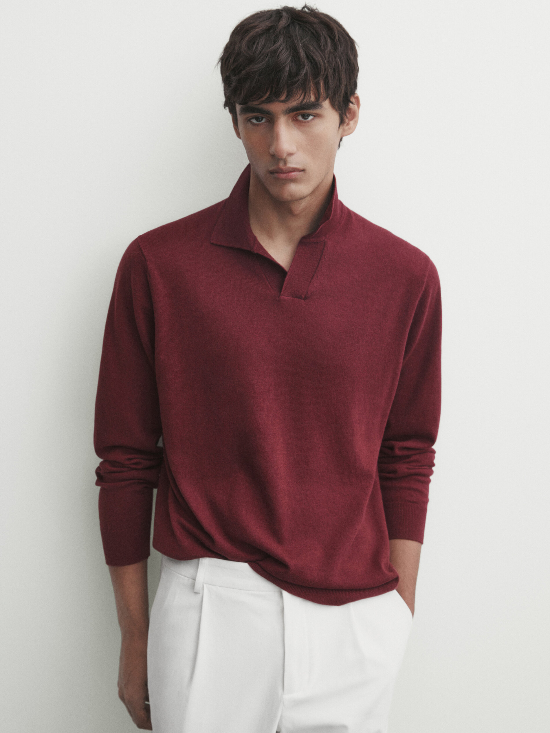 Wool and cotton blend knit polo sweater