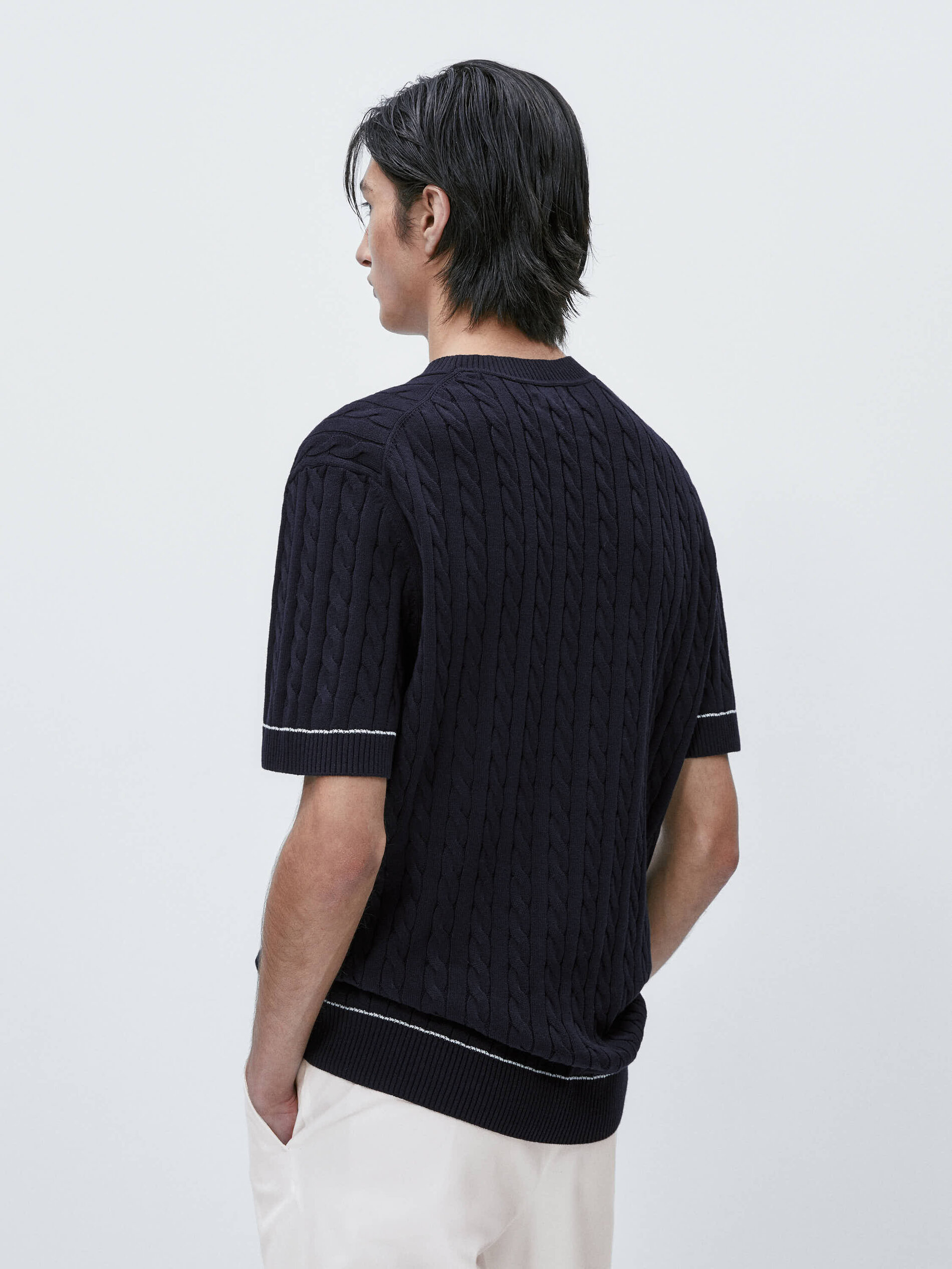 Contrast cable knit sweater Navy Blue Cream Sweaters And