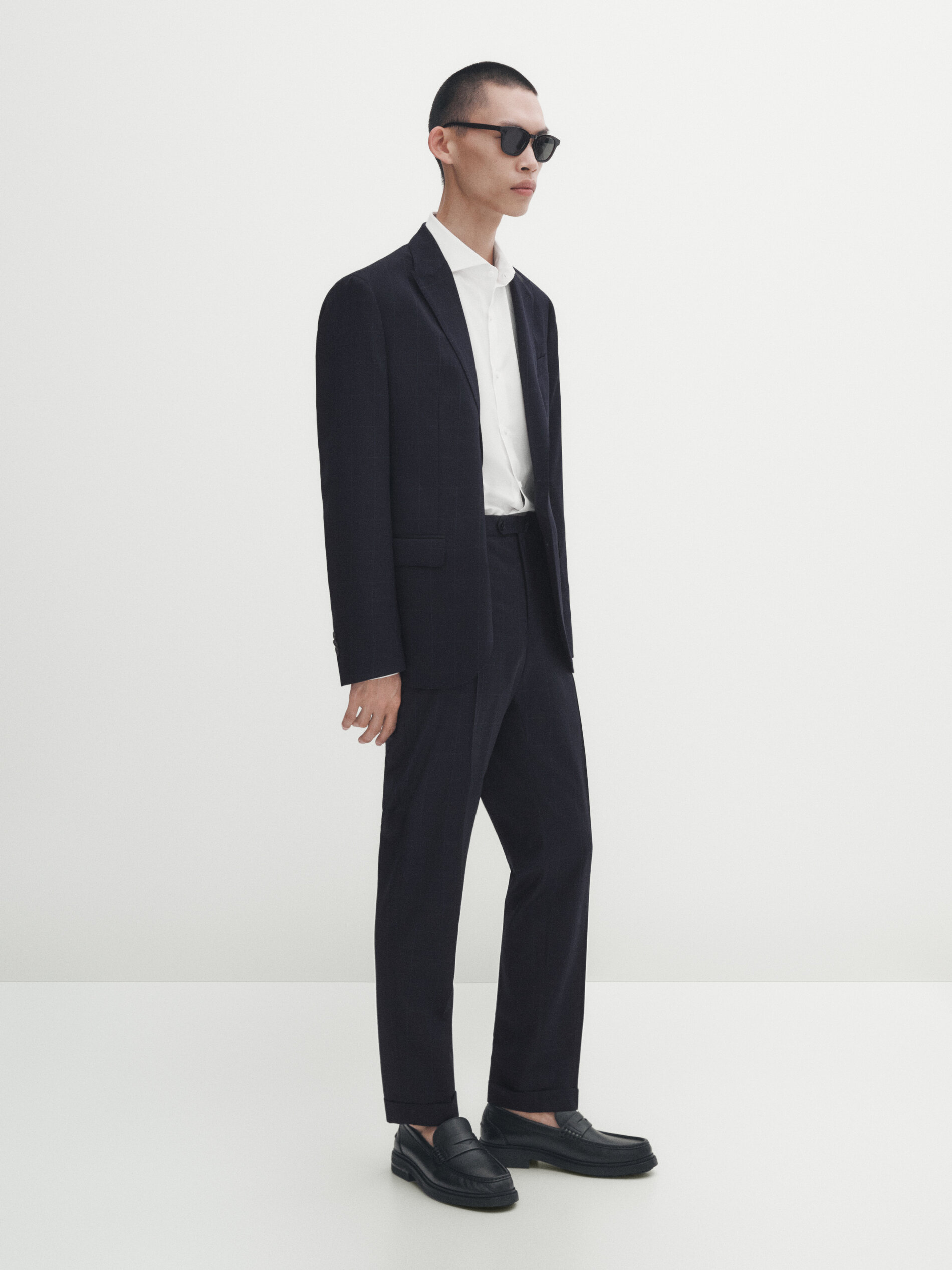 Blue windowpane check wool suit blazer Navy Blue Dressy