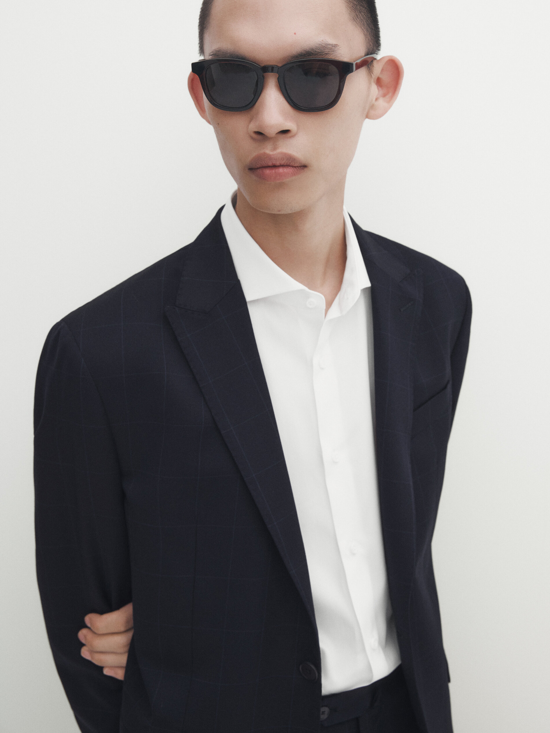 Blue windowpane check wool suit blazer Navy Blue Dressy