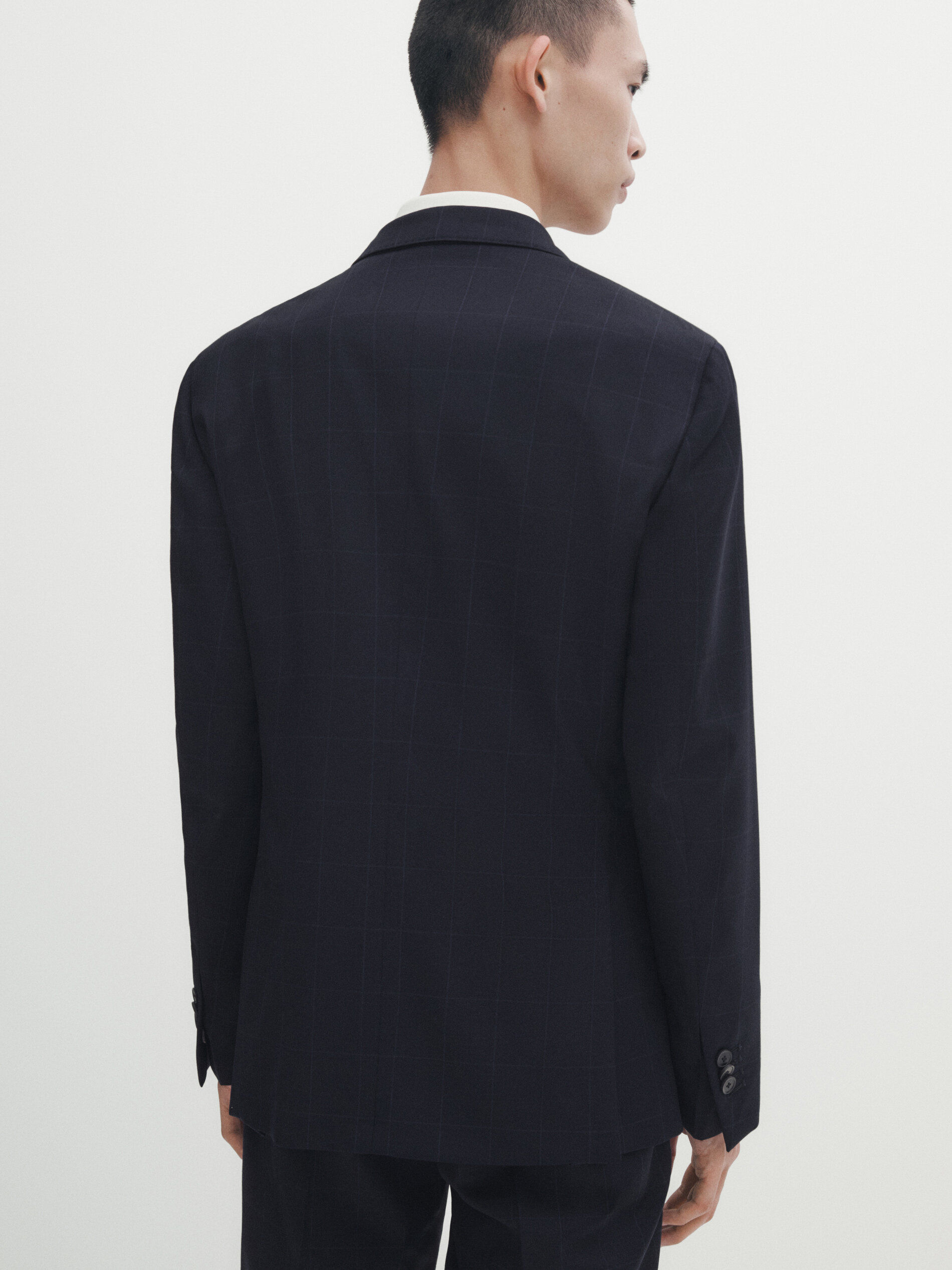 Blue windowpane check wool suit blazer Navy Blue Dressy