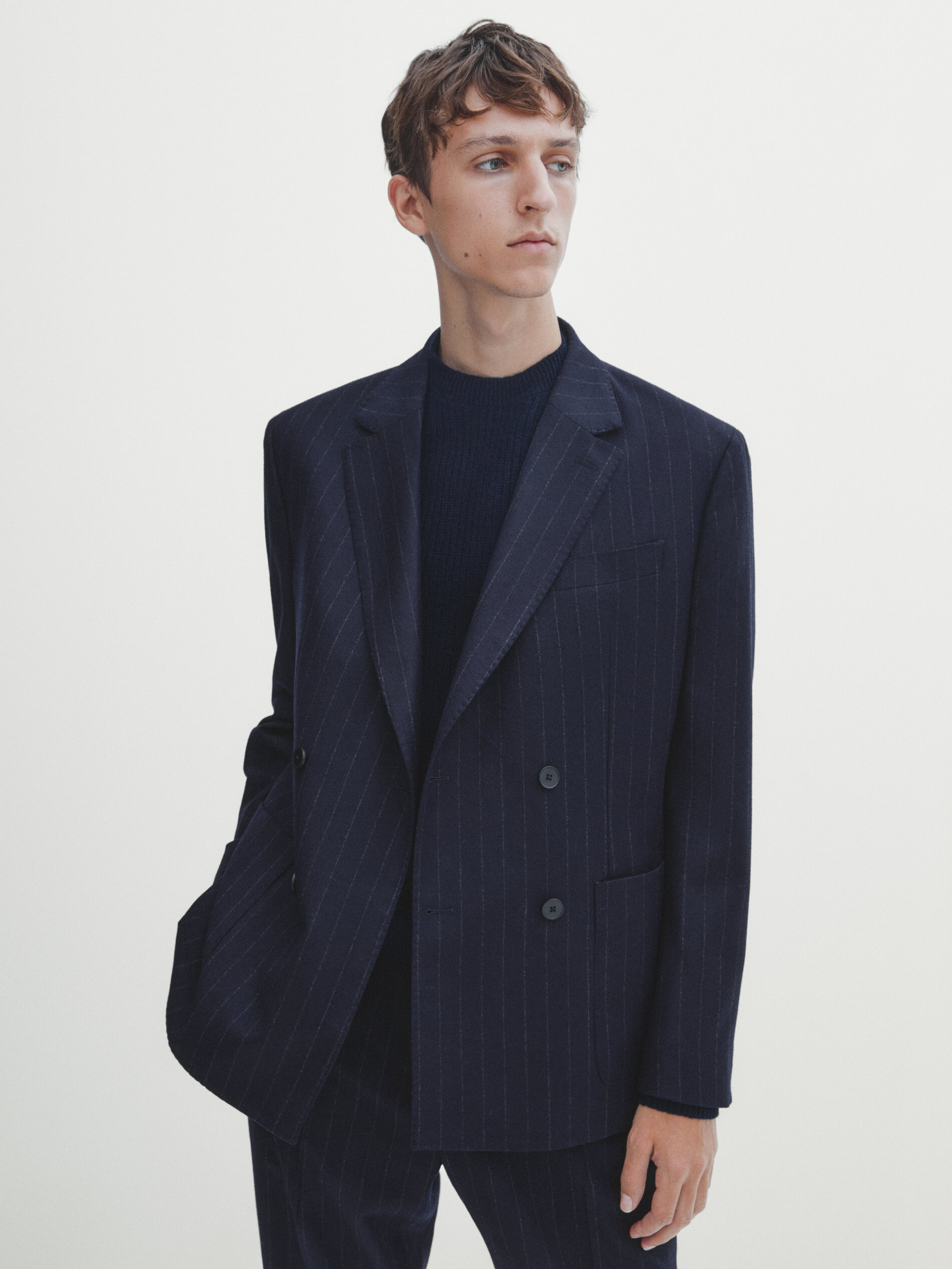 Wool flannel striped suit blazer Navy Blue Dressy Massimo Dutti