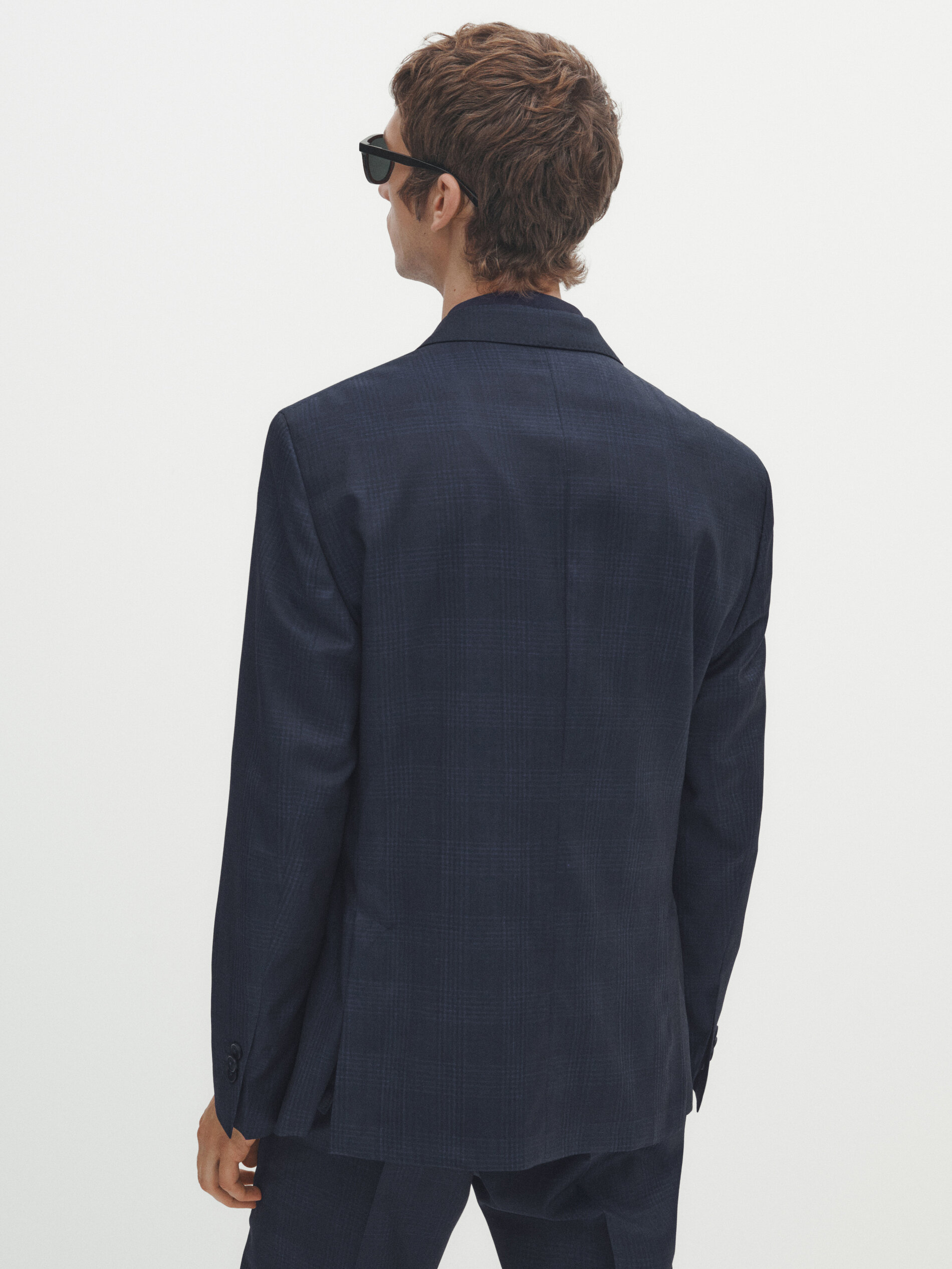 Navy blue check wool suit blazer Navy Blue Dressy Massimo Dutti