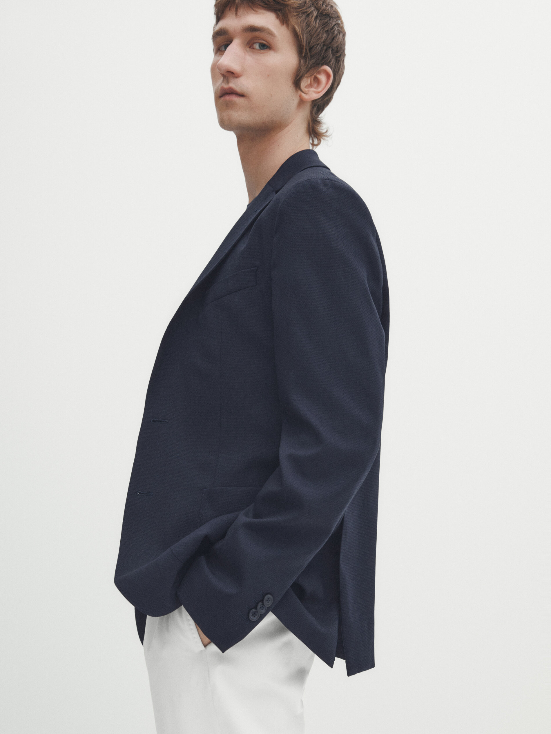 Navy textured blazer top