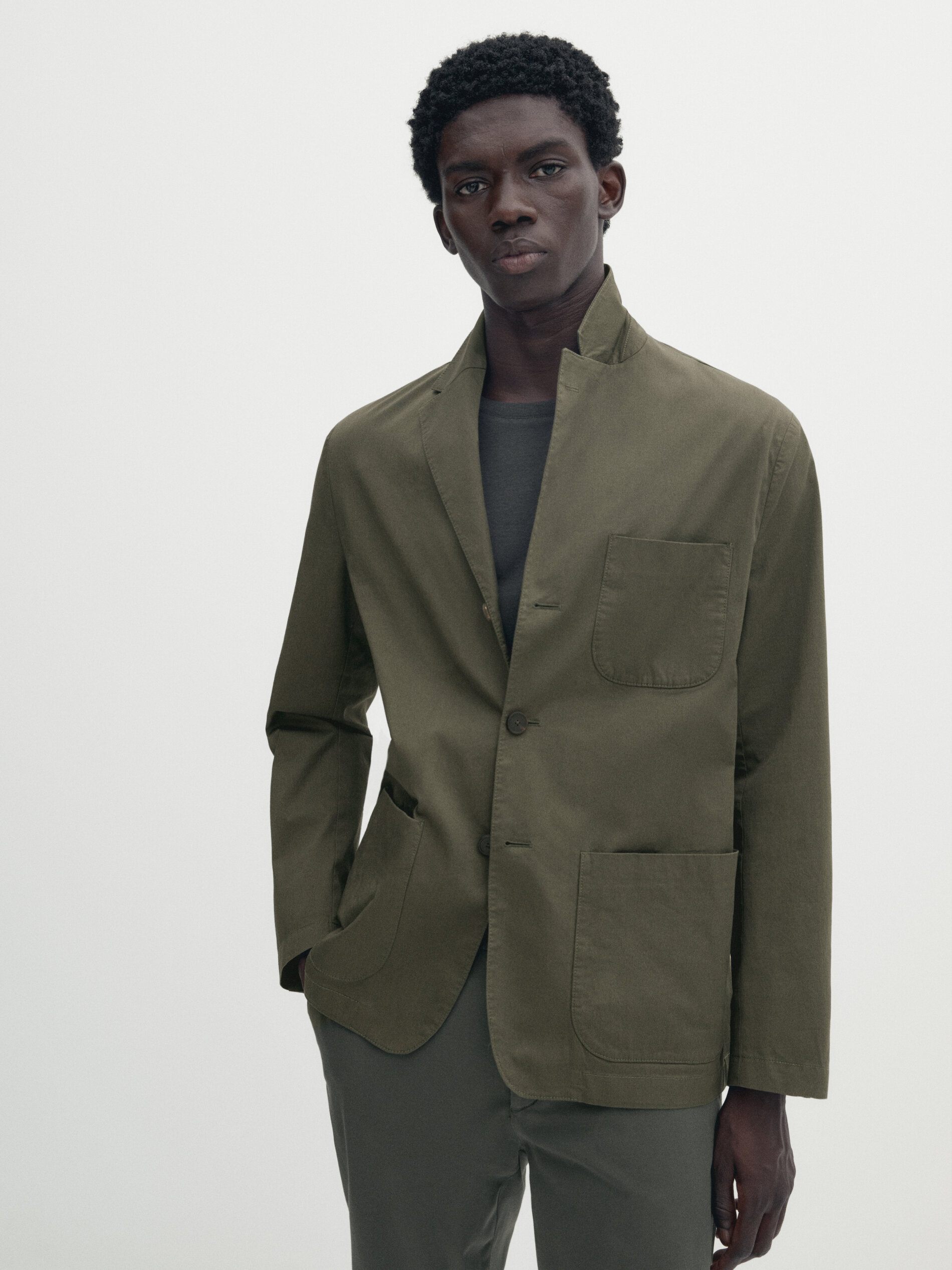 Cotton blend blazer with pockets Khaki Dressy Massimo Dutti