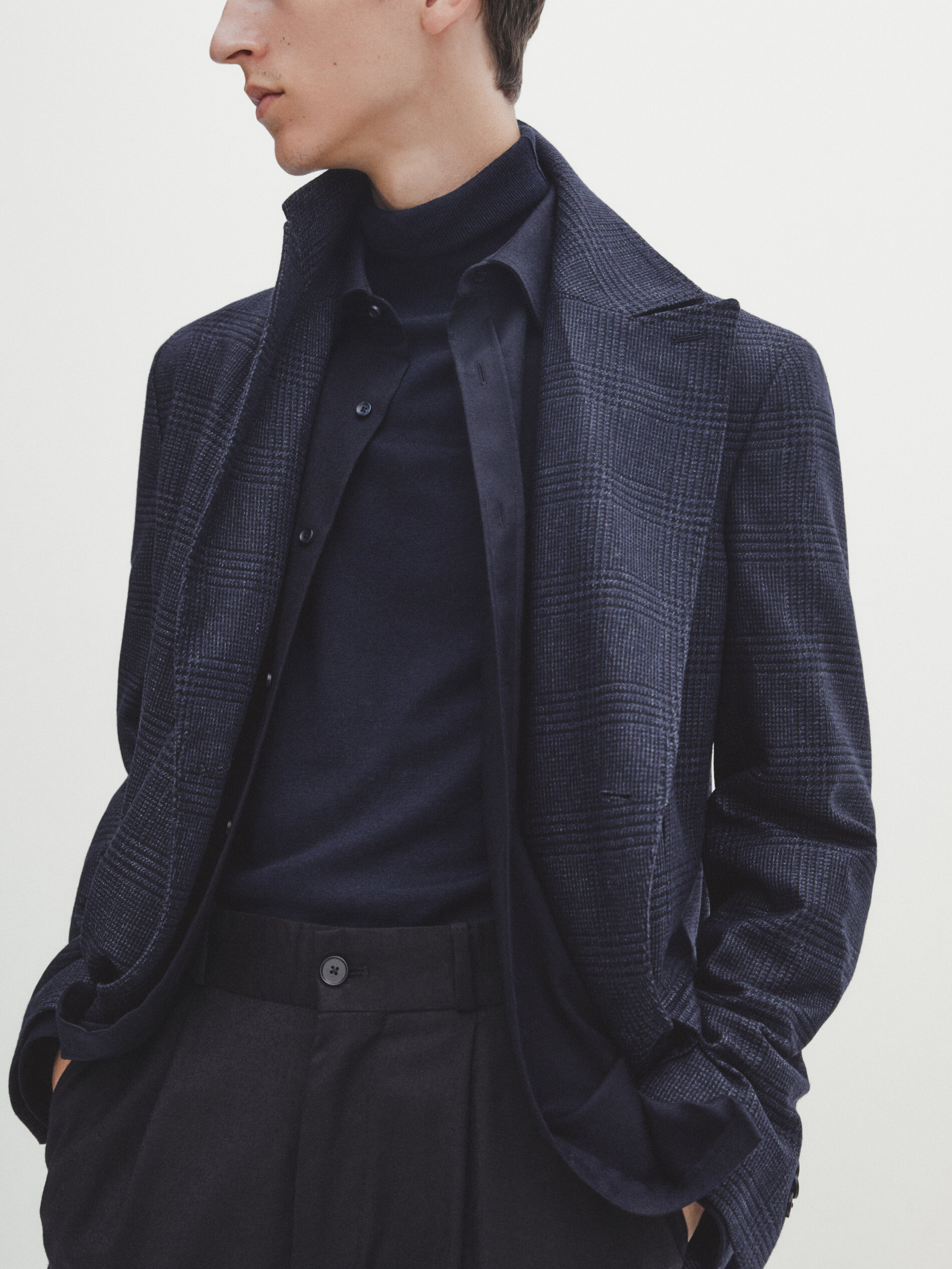 Wool blend check double breasted coat Navy Blue Coats And