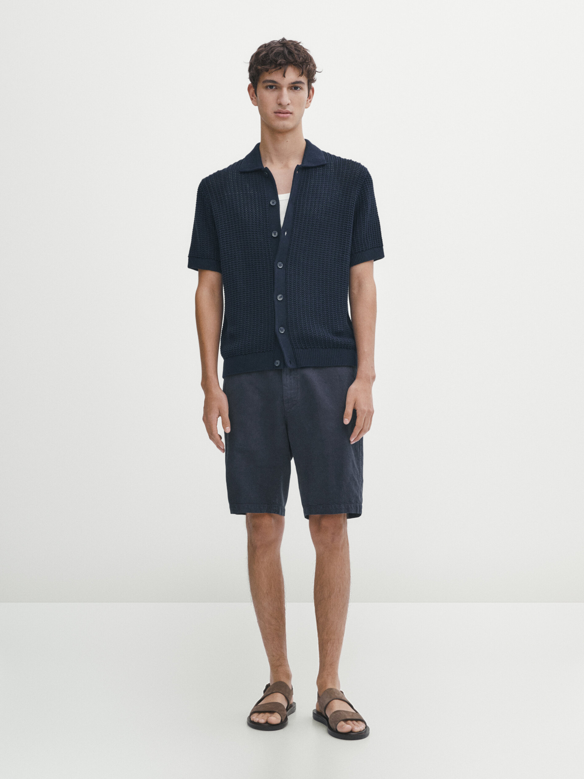 Jogger Bermuda shorts with lyocell and linen Navy Blue Green