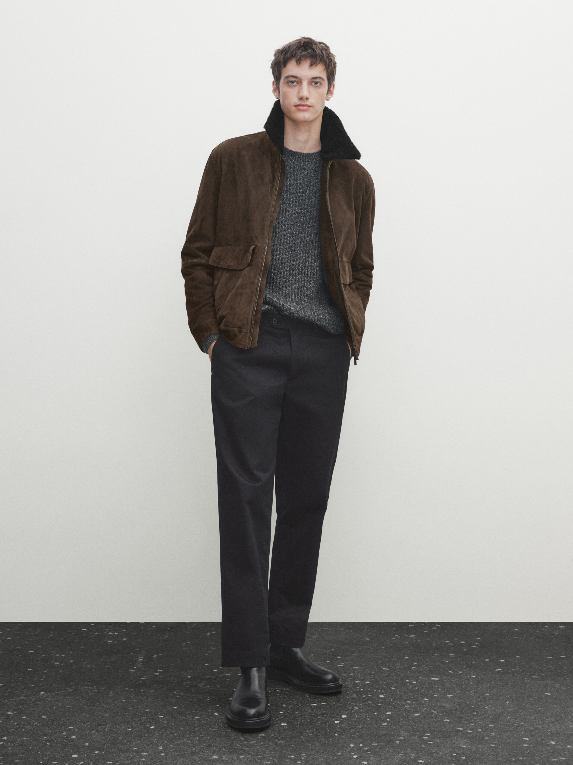 Goatskin suede leather aviator jacket with hair on collar detail