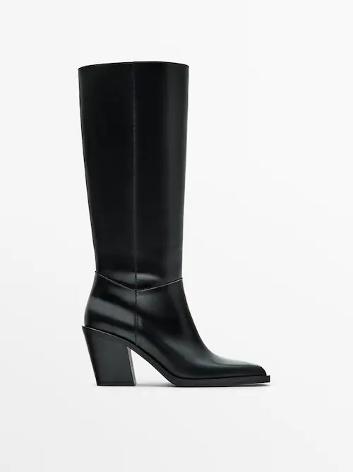 Leather High-Heel Boots - Black - 7½ - Massimo Dutti - Women