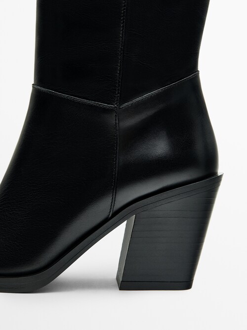Heeled Leather Ankle Boots - Black