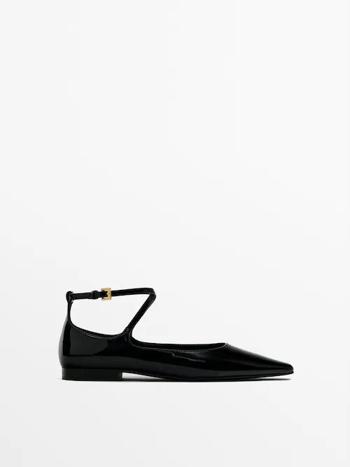 Leather ballet flats with buckled strap · Black · Flat Shoes