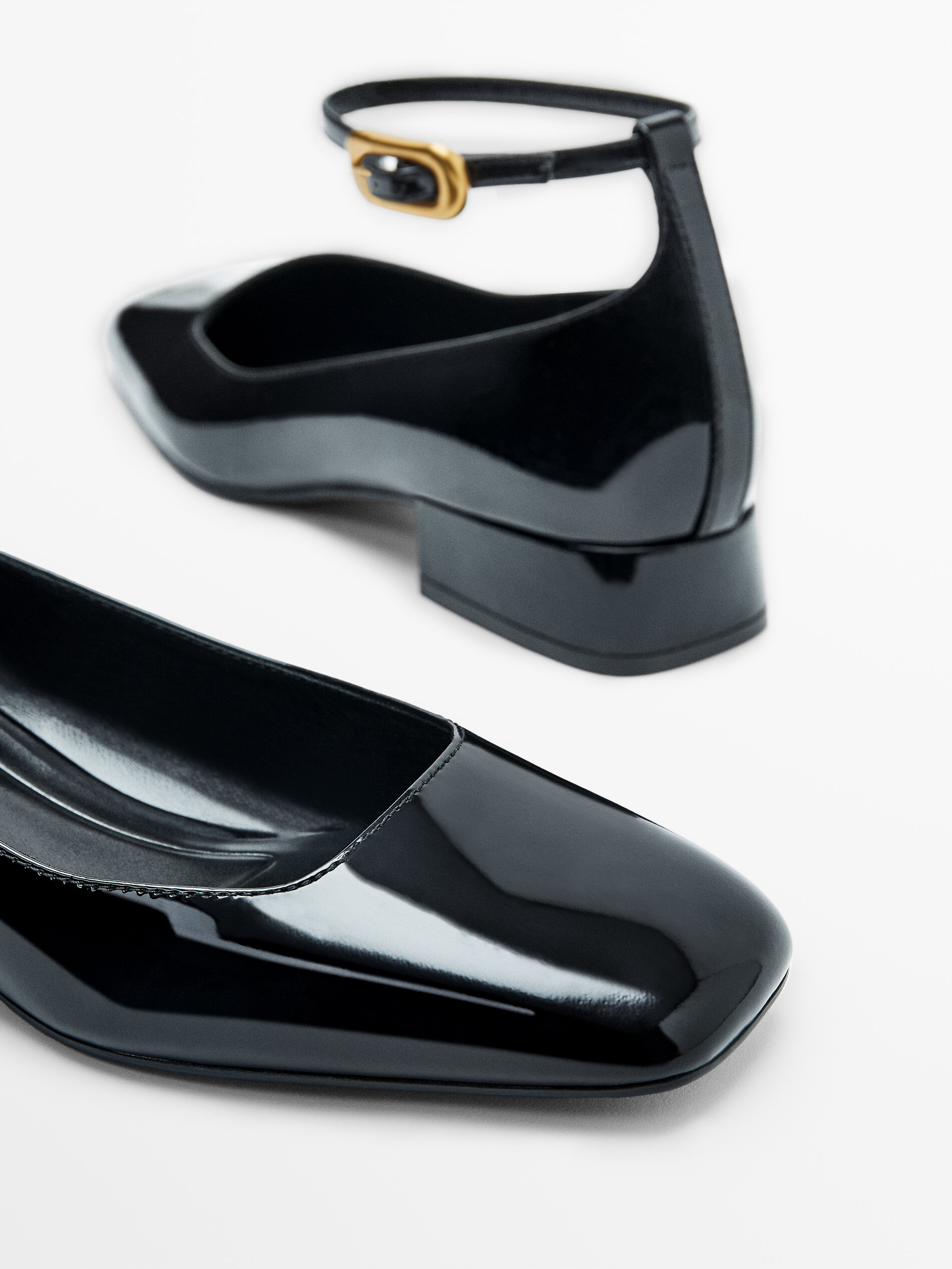 Patent finish ballerinas with buckled strap Black Flat Shoes