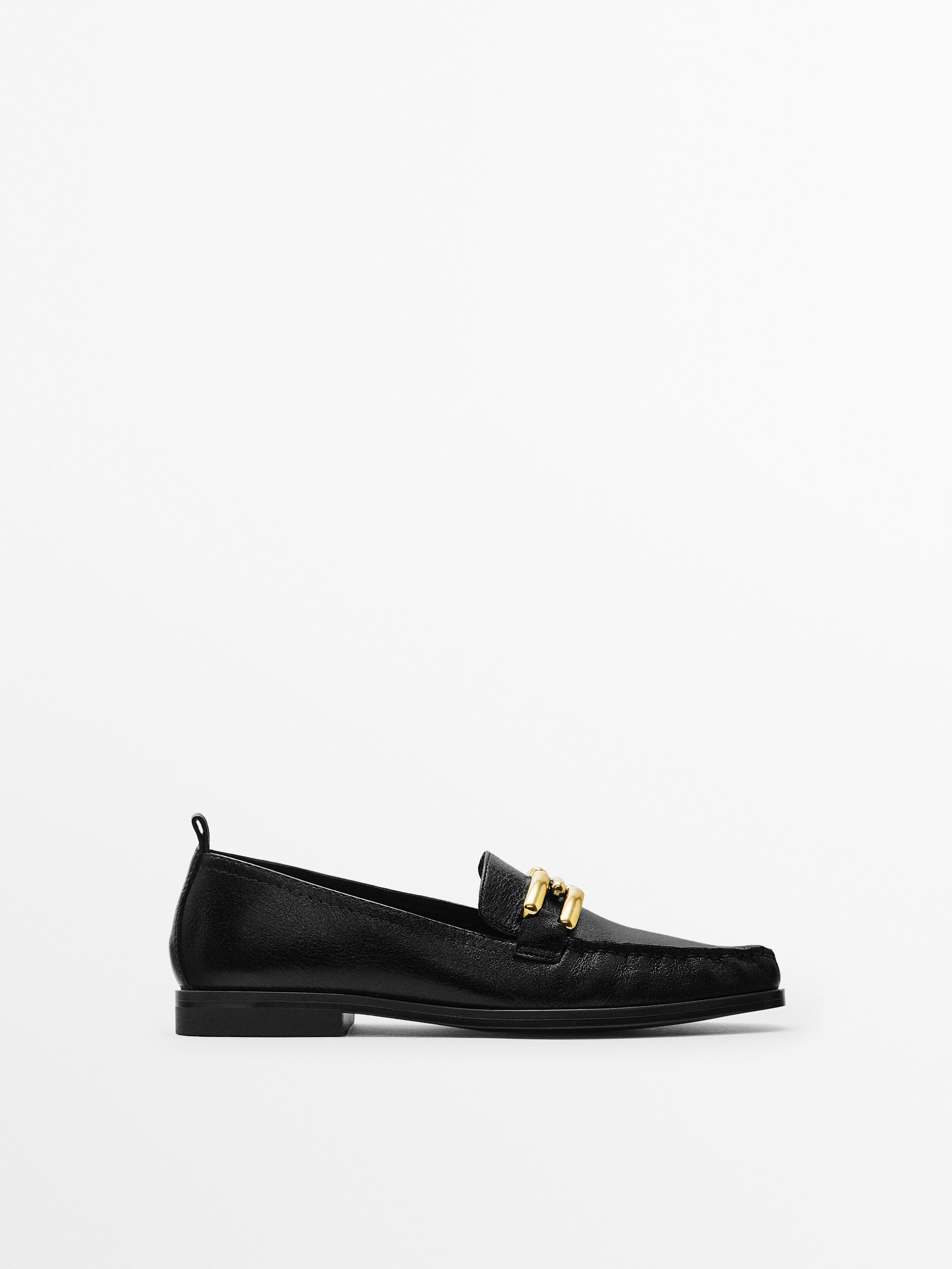Crackled leather loafers with buckle Black Flat Shoes