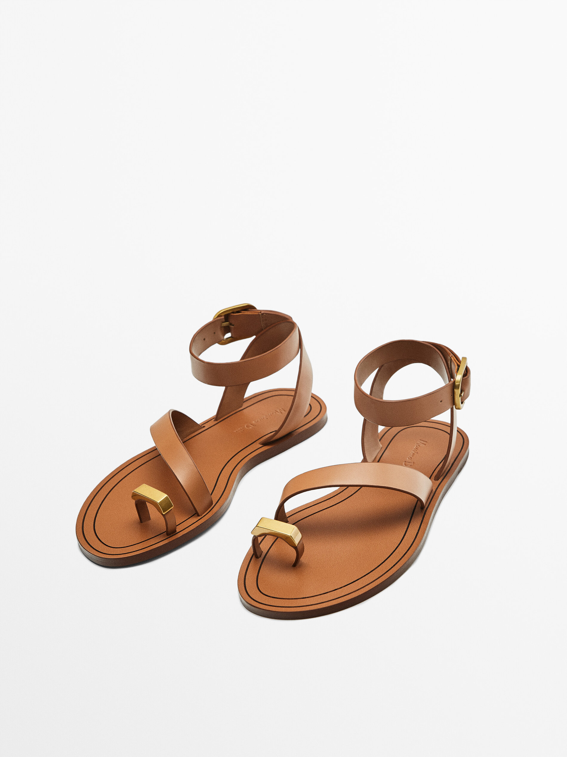 Leather flat slider sandals with metallic piece Tan Flat