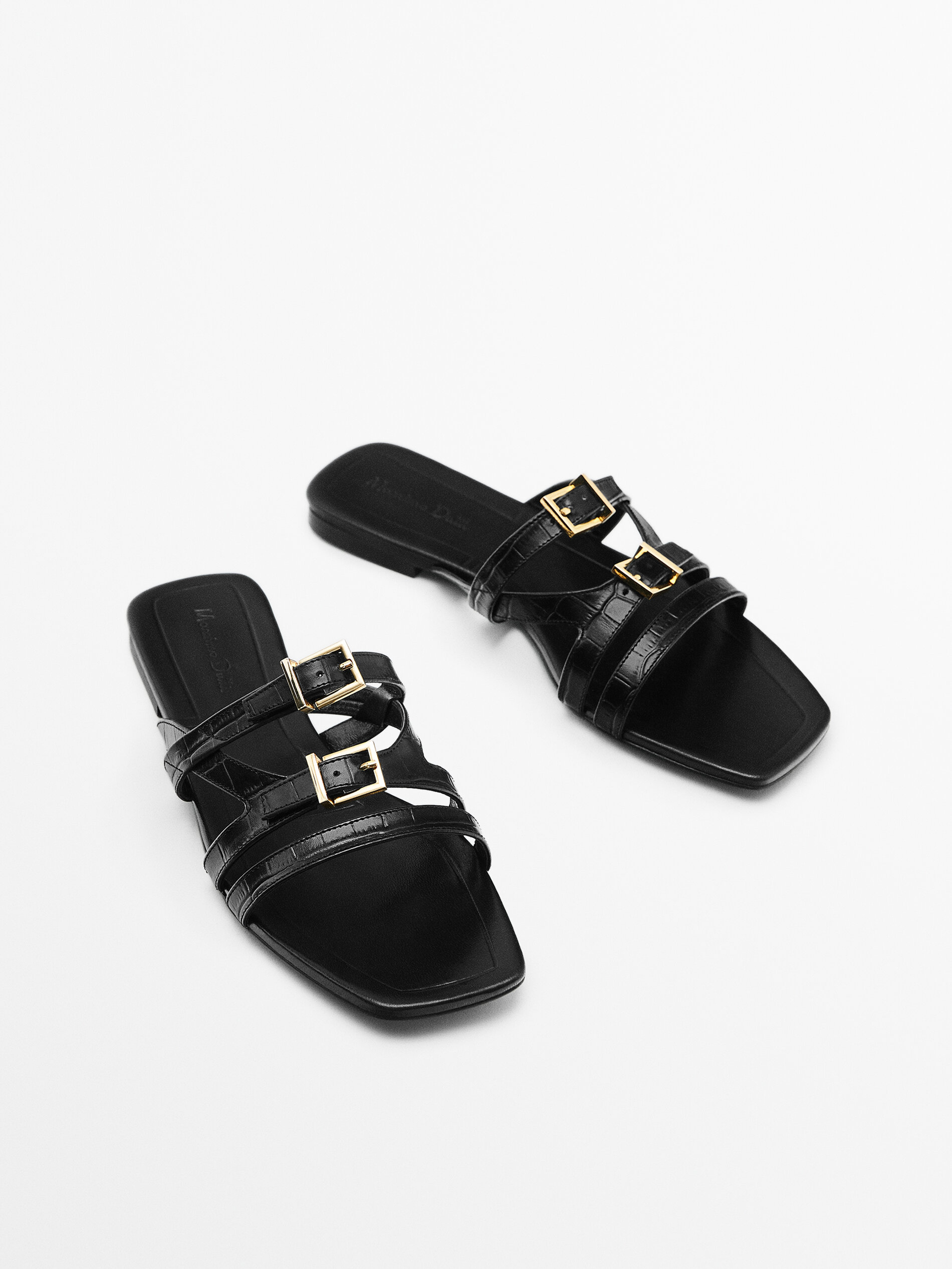 Leather strappy flat slider sandals