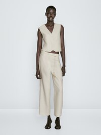 마시모두띠 팬츠 Massimo Dutti 100% linen suit trousers with double tabs,Vanilla