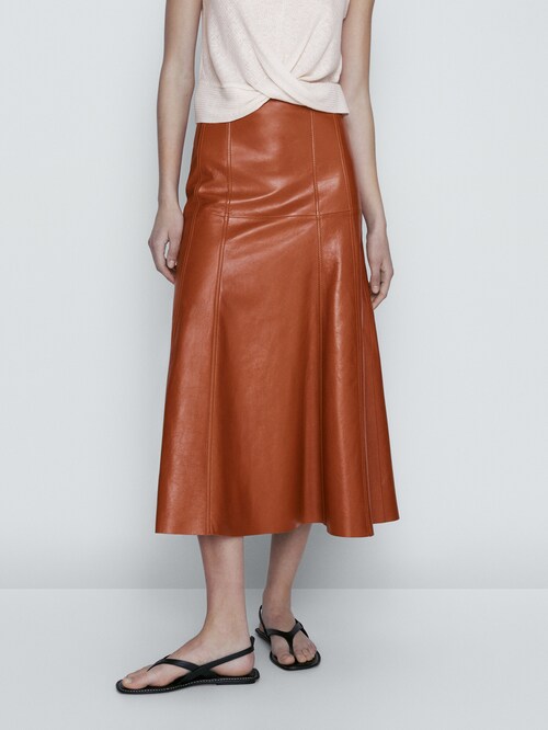 Jupe longue en cuir nappa avec coutures - Massimo Dutti