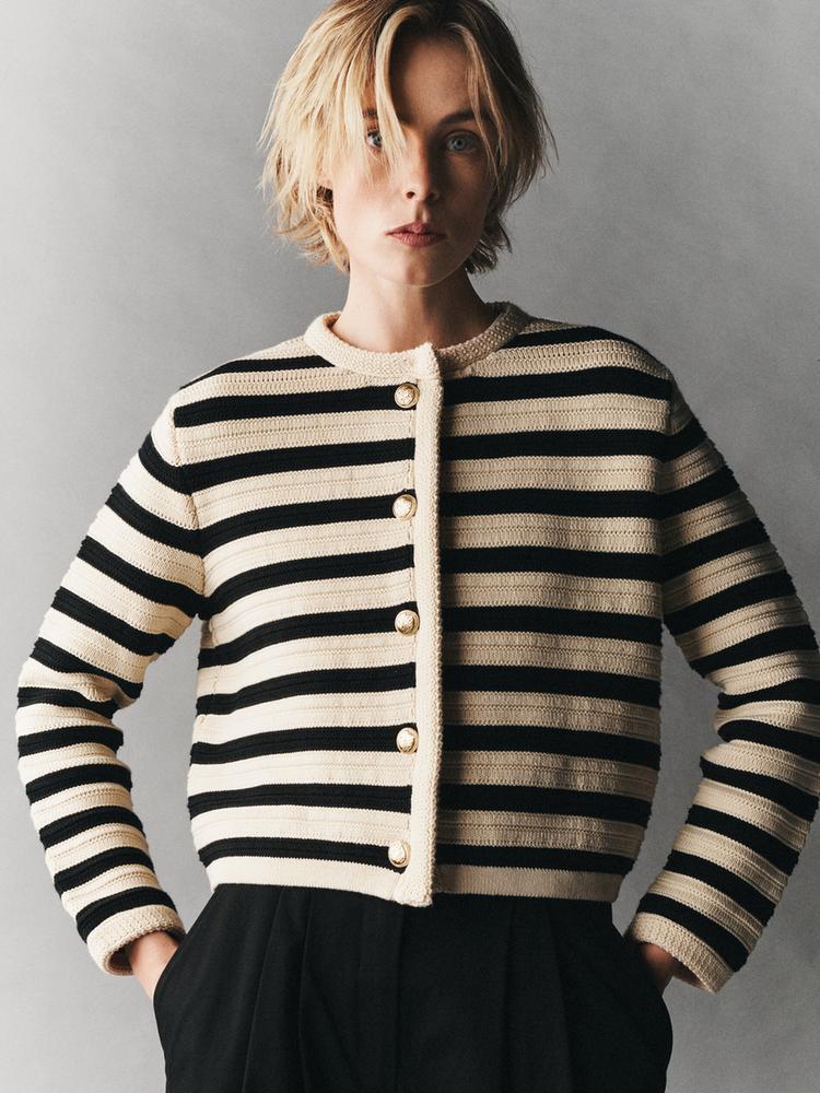 Striped knit cardigan with buttons BLACK