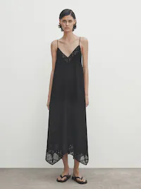 마시모두띠 원피스 Massimo Dutti Slip dress with crochet detail,BLACK