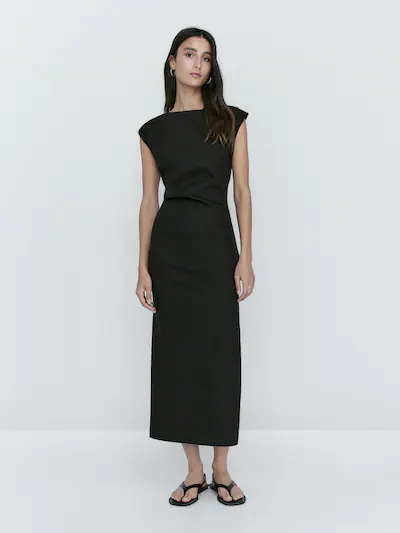 Vestido mezcla lino frunce lateral - Massimo Dutti España Vestido mezcla lino frunce lateral - Massimo Dutti España