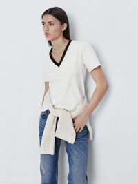 마시모두띠 반팔티 Massimo Dutti 100% cotton T-shirt with contrast V-neck,CREAM