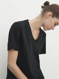 마시모두띠 Massimo Dutti Cotton V-neck T-shirt,CREAM