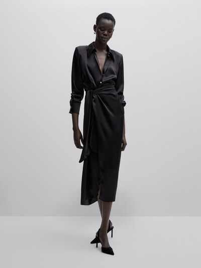 마시모두띠 Massimo Dutti Satin skirt with tie detail - Studio,BLACK