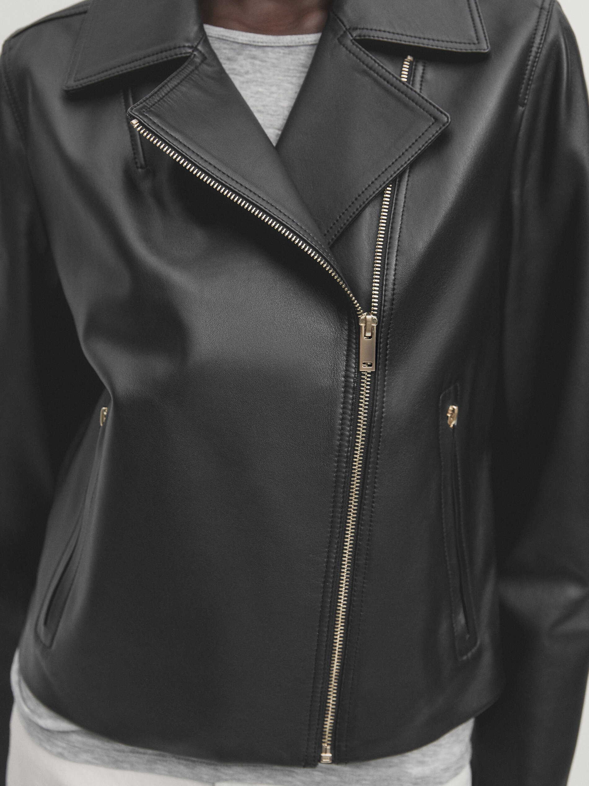 Massimo dutti black leather jacket online