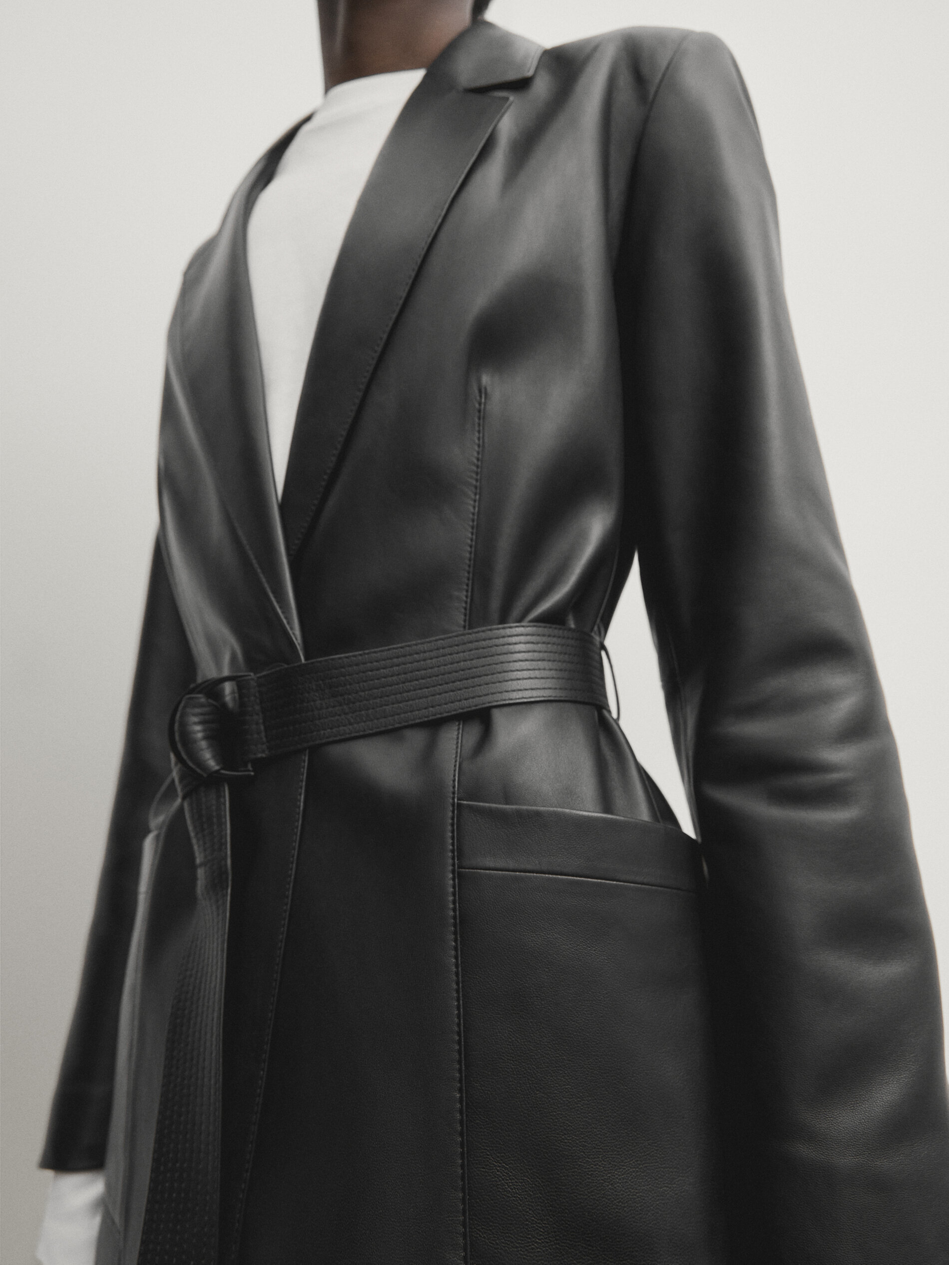 Belted nappa leather blazer Black Skirts Massimo Dutti