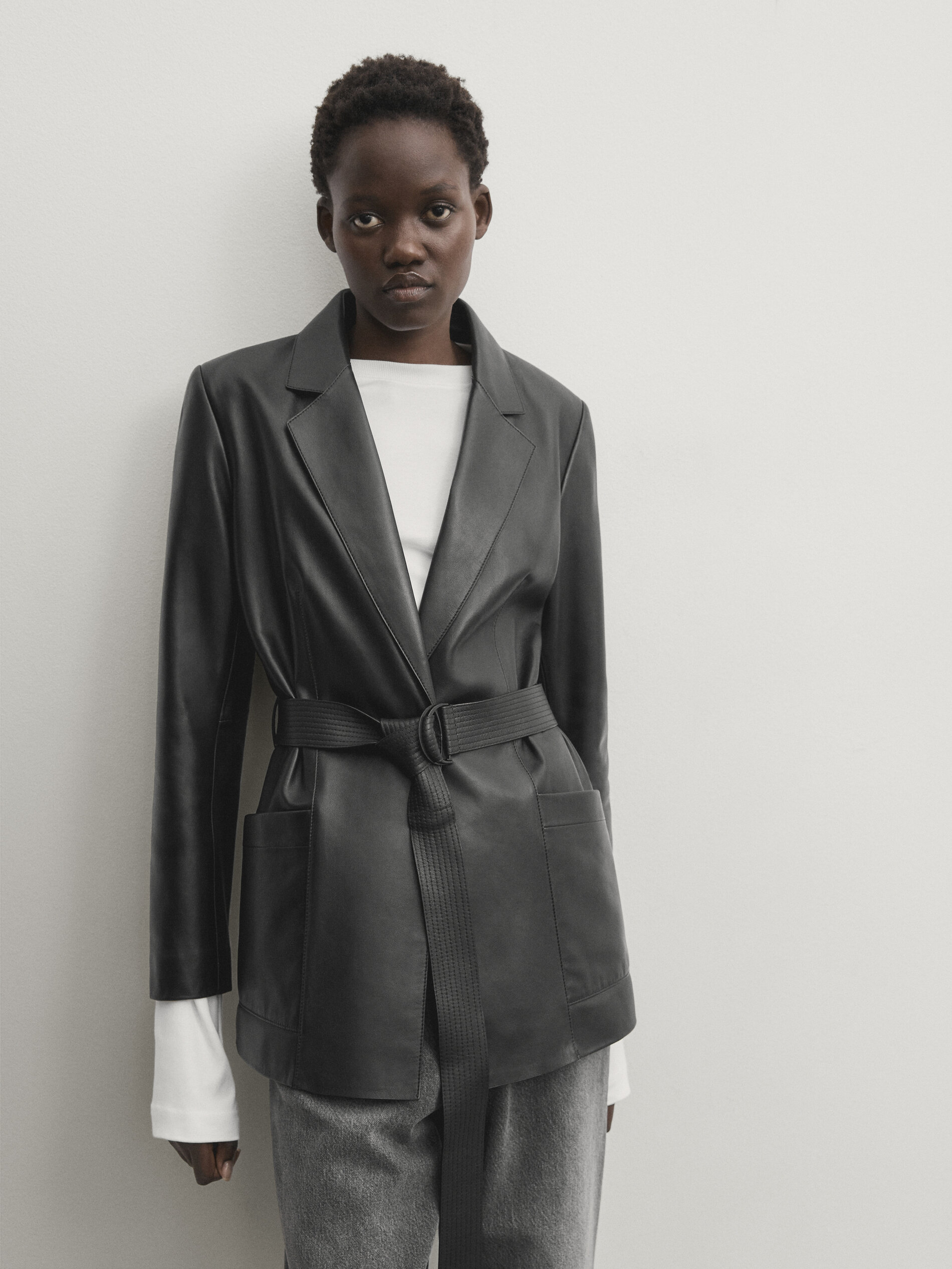 Belted nappa leather blazer Black Skirts Massimo Dutti