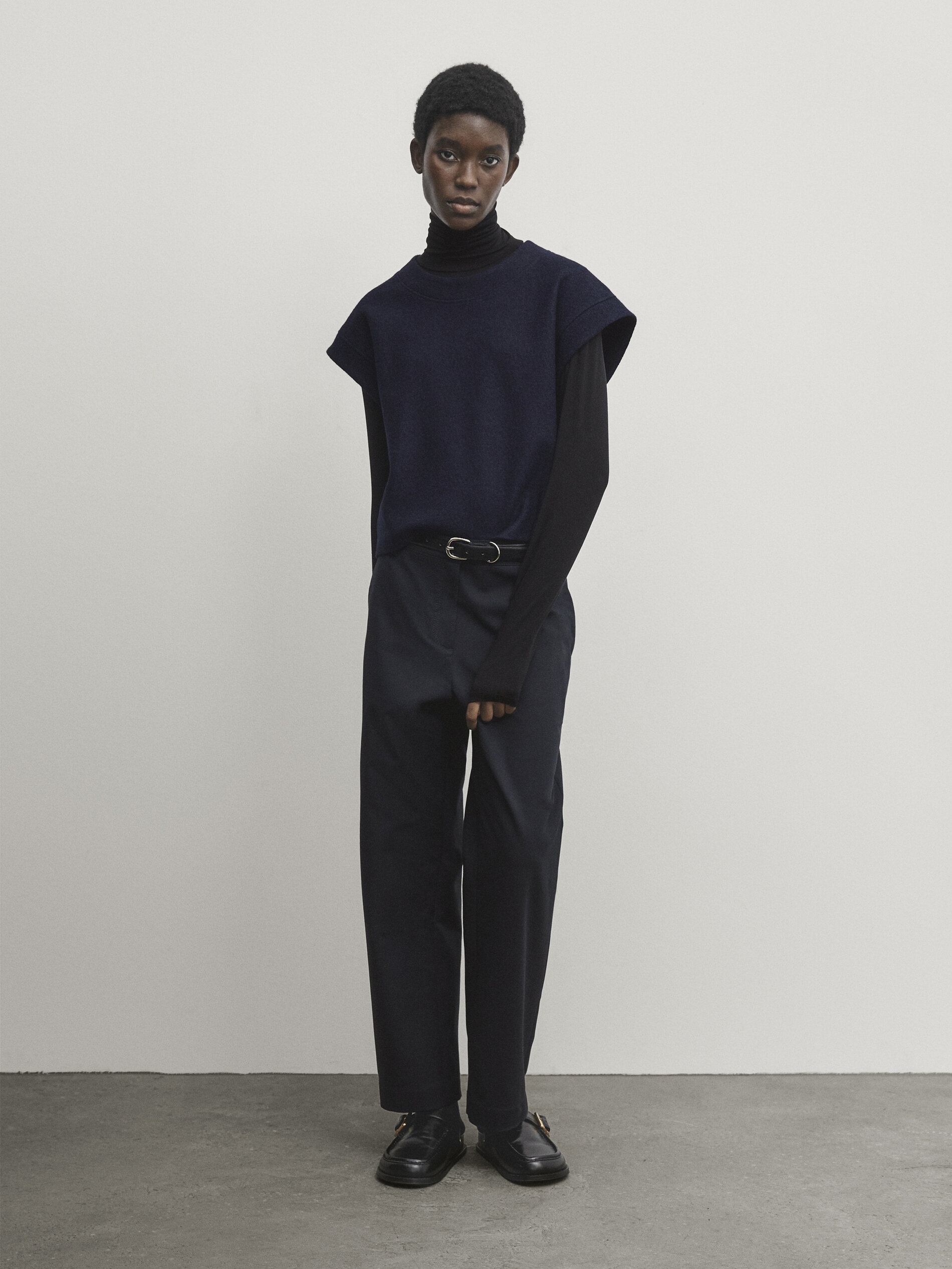 Pantalon droit cropped en coton m lang Bleu Marine Vison