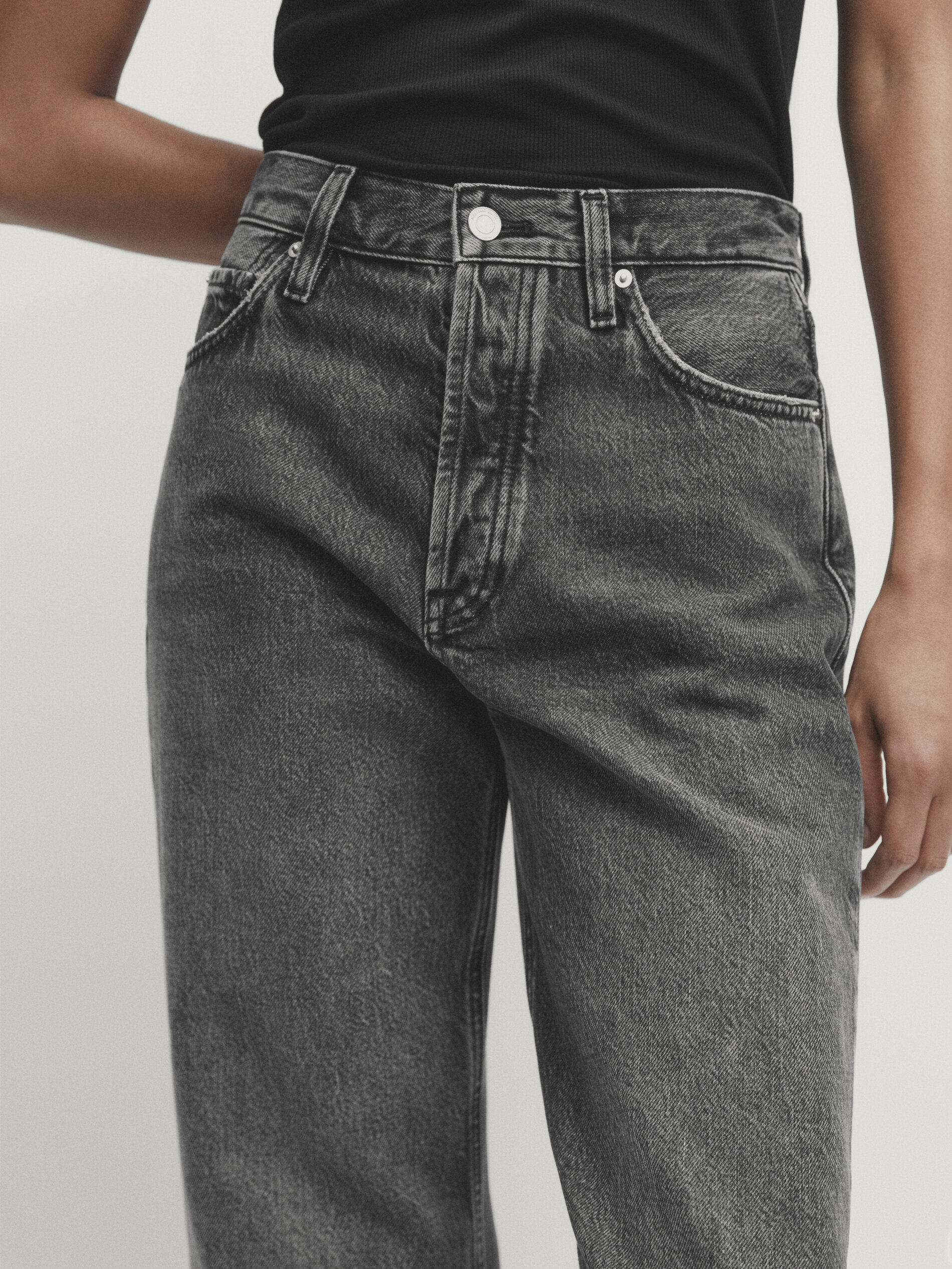 Straight fit high waist jeans Charcoal Light Blue Cream