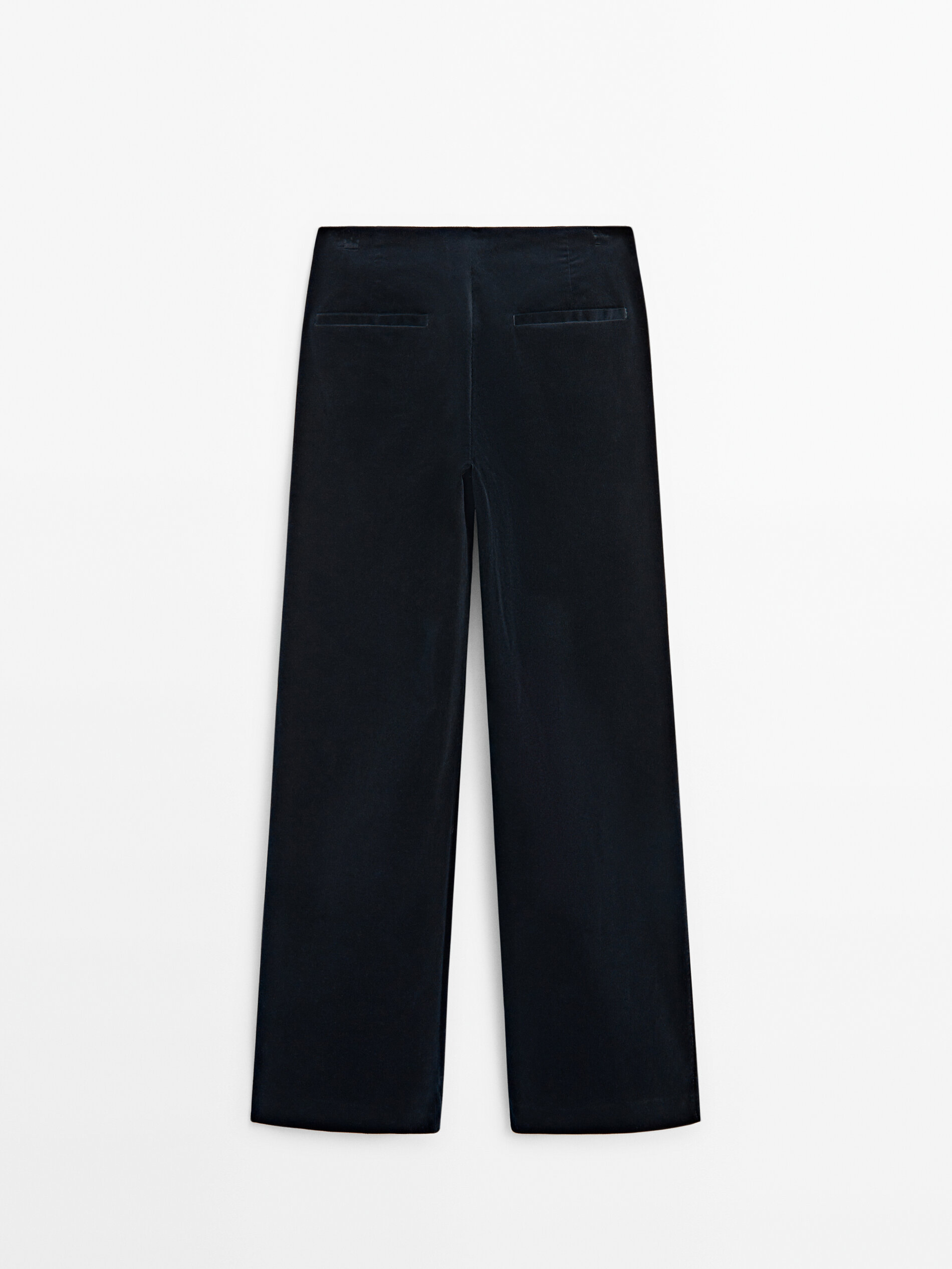 Pantalon taille haute coupe droite en microvelours c tel Bleu