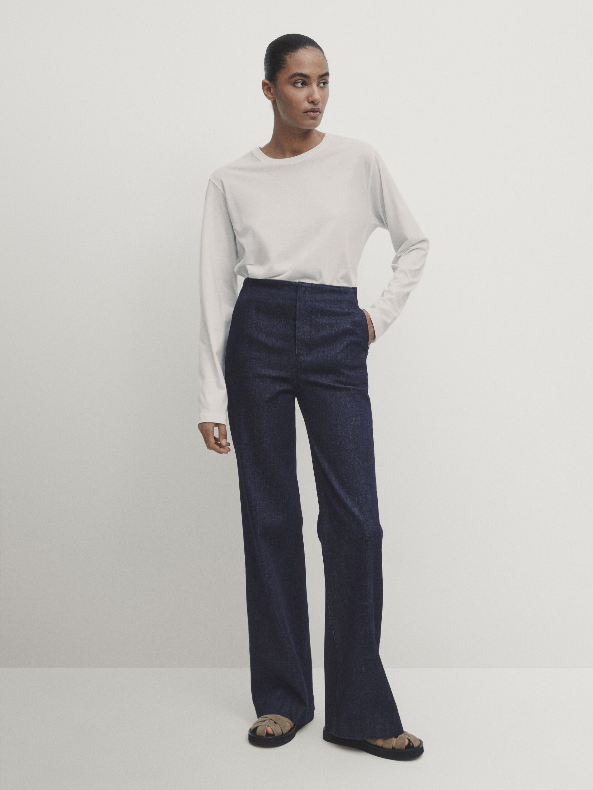 Flare fit high waist jeans Dark Blue Dressy Massimo Dutti