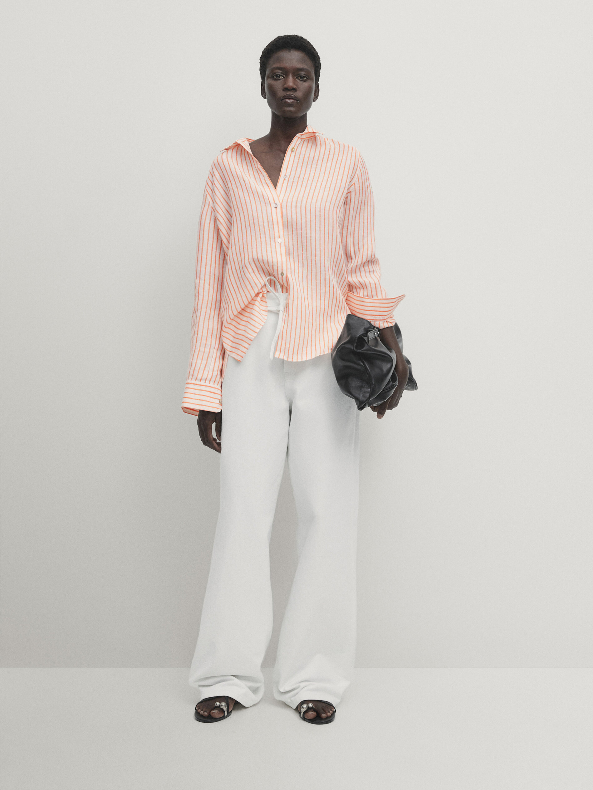 Camicia a righe 100 lino Arancione Camicie Massimo Dutti