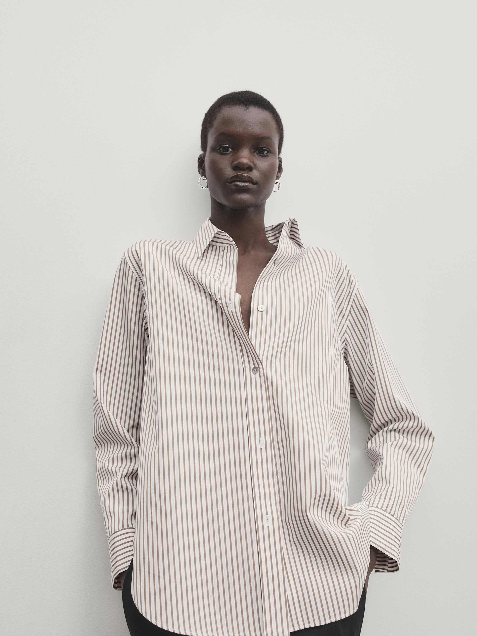 Striped poplin shirt Beige Shirts Massimo Dutti