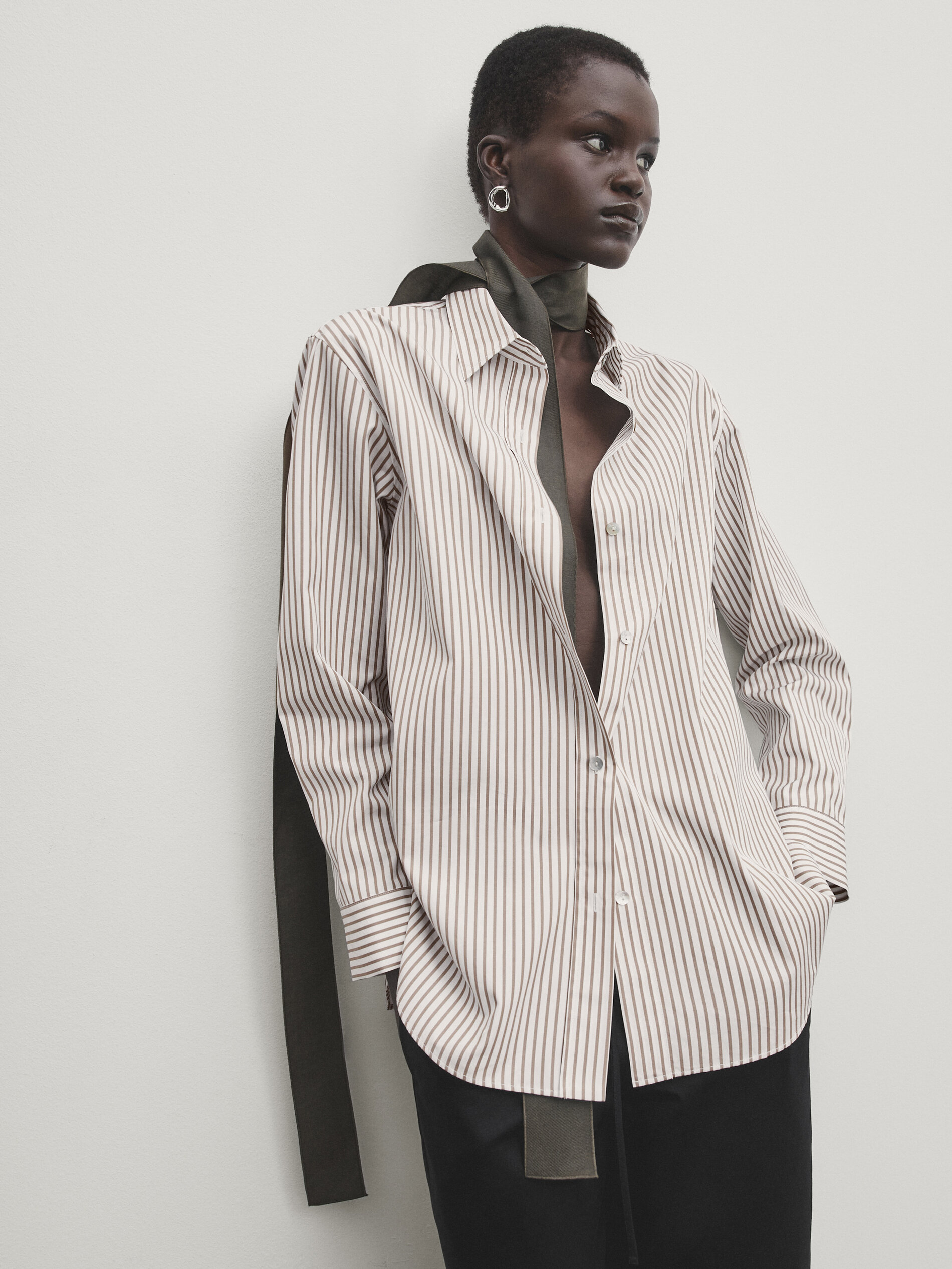 Striped poplin shirt Beige Shirts Massimo Dutti