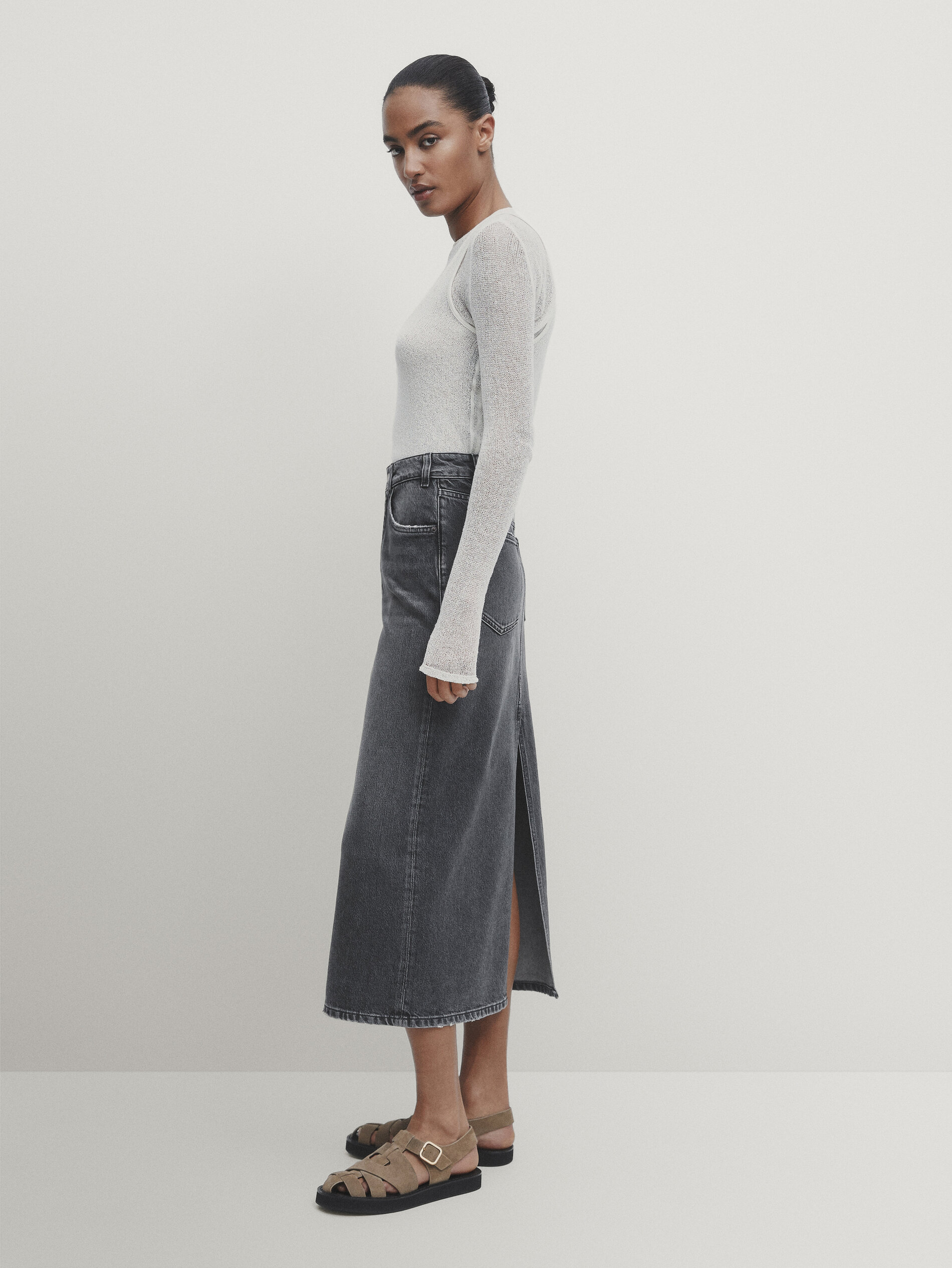 Belted straight denim skirt stone denim ladies' | Morgan